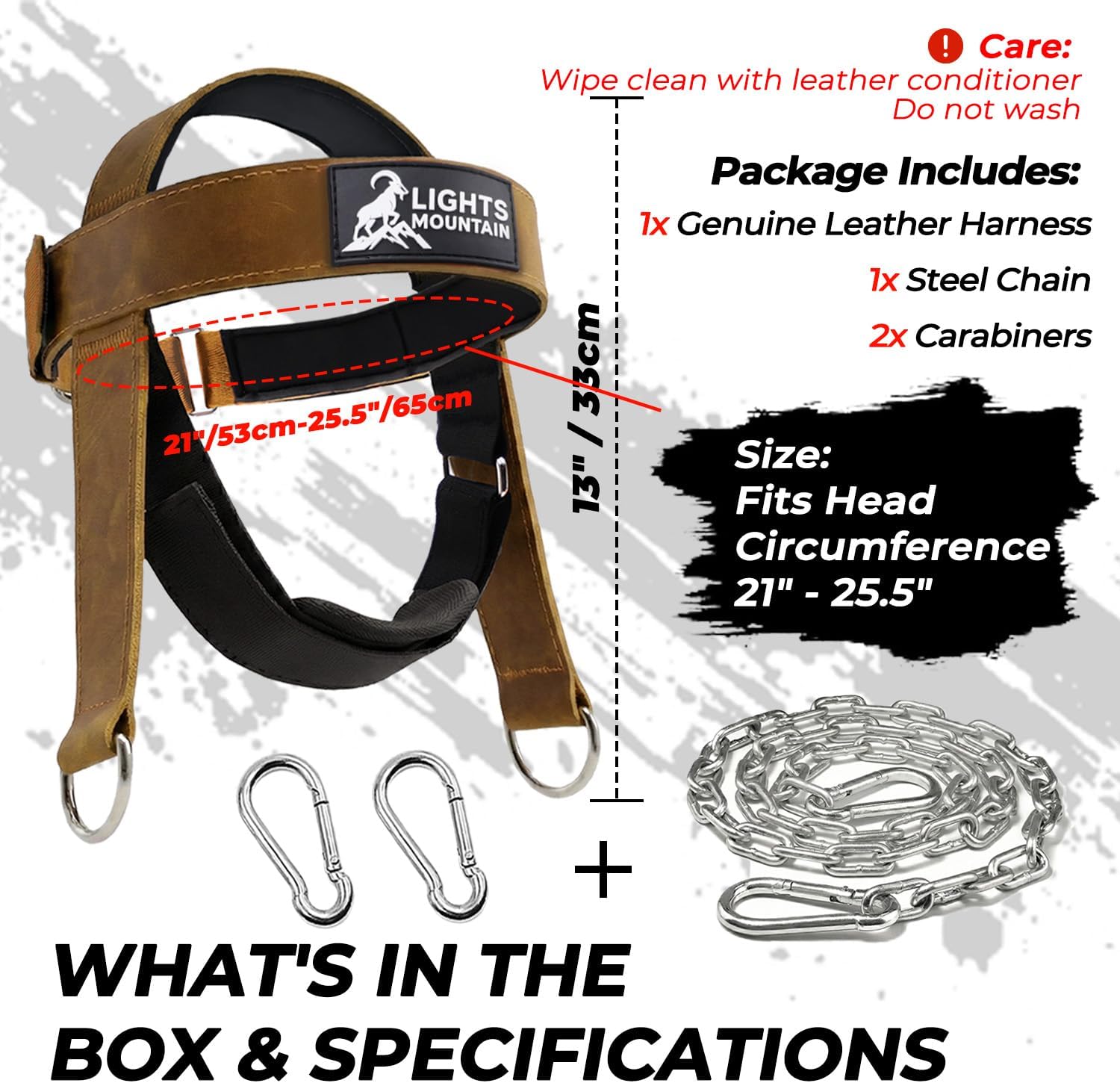 Leather Neck Harness for Neck Strength Training, Adjustable Head Harness with Steel Chain & Carabiners, Padded Genuine Leather Head Strap for Gym & Home Workouts
