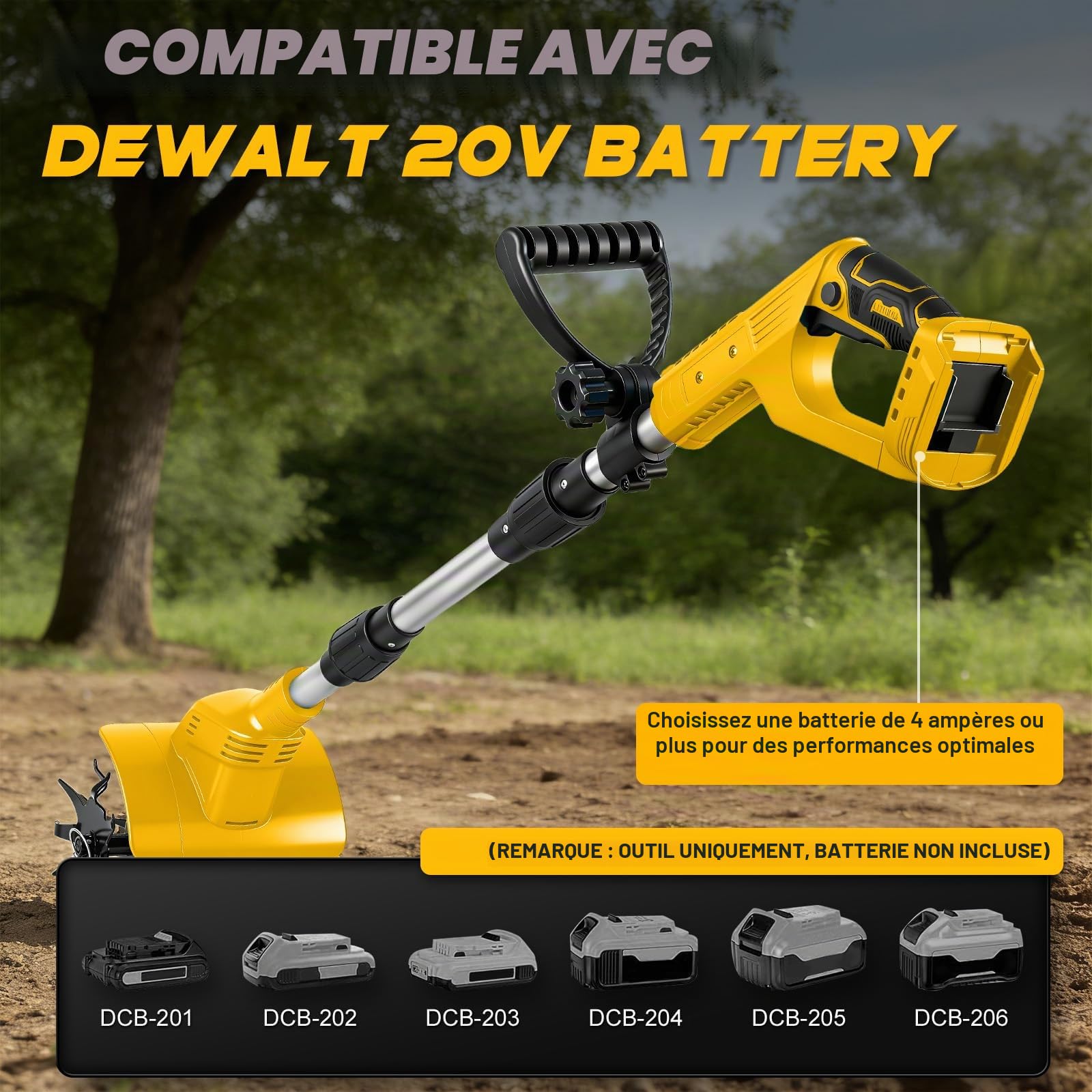 Cultivateur de jardin sans fil compatible avec batterie Dewalt 20 V (sans batterie), rotavateur de jardin sans balais de 500 W avec profondeur de labour de 16 cm et largeur de labour de 20 cm