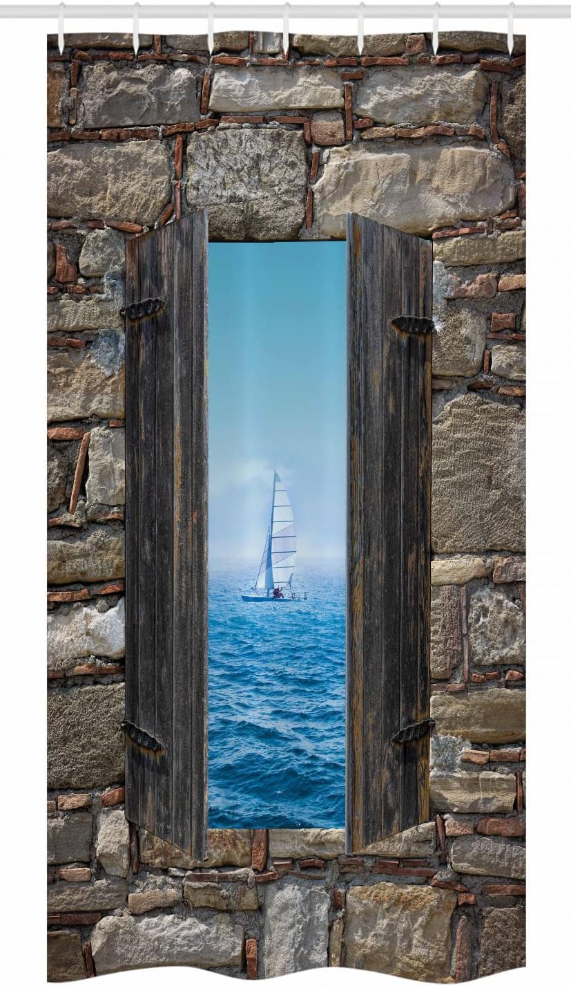 Ambesonne Nautical Stall Shower Curtain, Image of a Sailing Boat from Stone Window Narrow Perspective Idyllic Mediterranean, Fabric Bathroom Decor Set with Hooks, 36" W x 72" L, Grey Blue