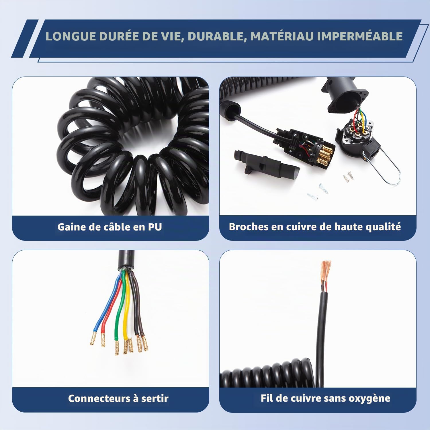 1,7 Mètres Rallonge Spirale Câble Remorque 7 Broches, Norme ISO 1724, Prise Remorque 7 Broches Male a Femelle, Câble Cuivre Pur, pour Véhicules Européens Remorque Yacht Porte-Vélos 12V/24V