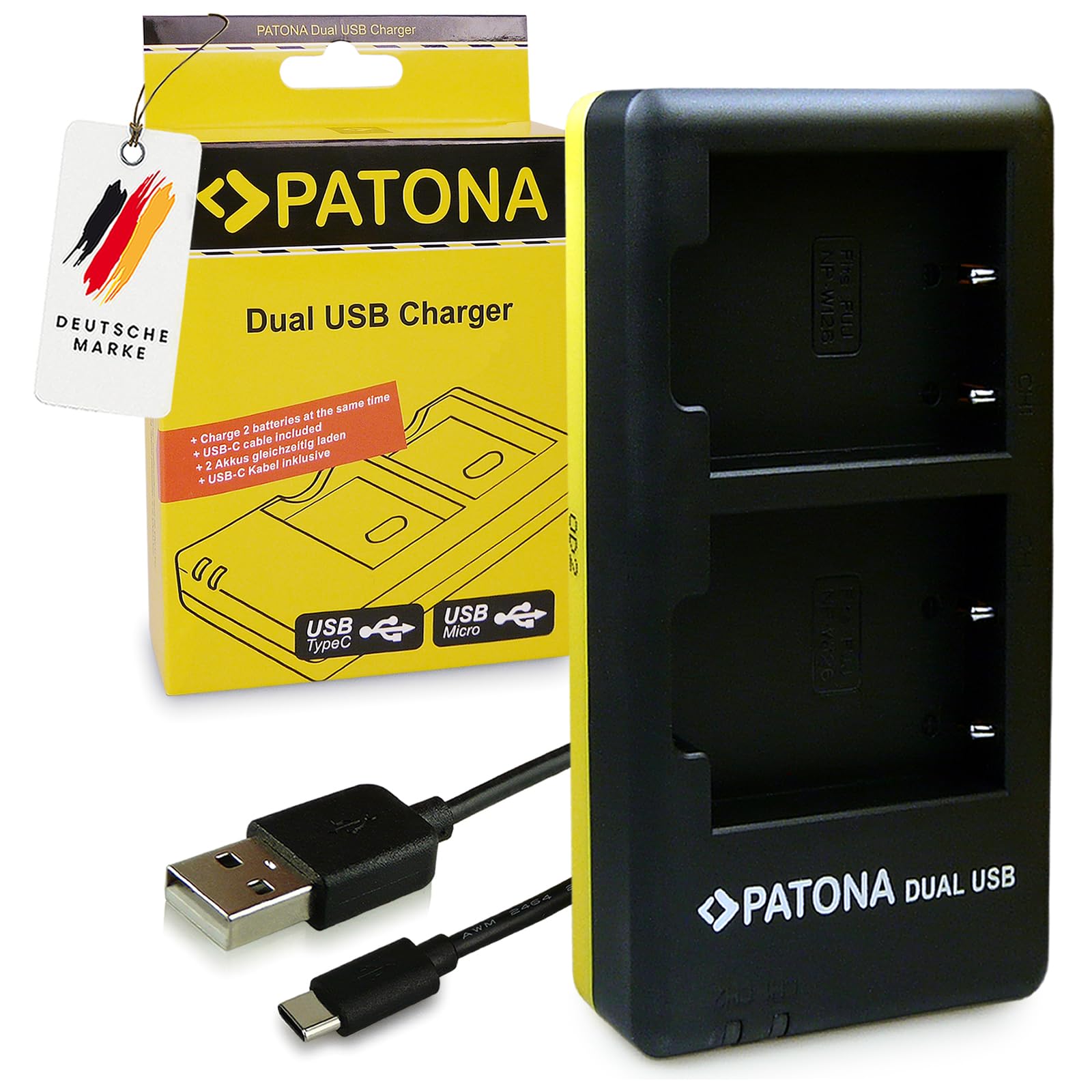 PATONA Kit Dual Chargeur USB-C & Batterie 2X NP-W126S Protect, 1210mAh | Batterie pour Fujifilm NP-W126 X-M5 X-M1 X100F X100V/VI XA1-XA3 XA5 XS10 XT3 XT20 XT30, NTC-Sensor & étui protecteur