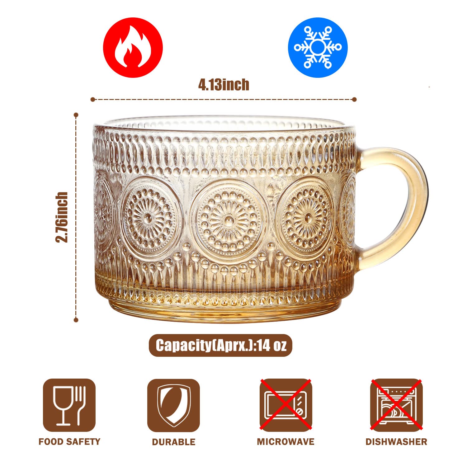 WHJY Vintage Glass Coffee Mugs with Spoon, Set of 2 espresso ribbed glass coffee cup?Embossed Tea Cups, Esthetic Tea Cups for Cappuccino, Latte, Hot Beverages, 14 oz