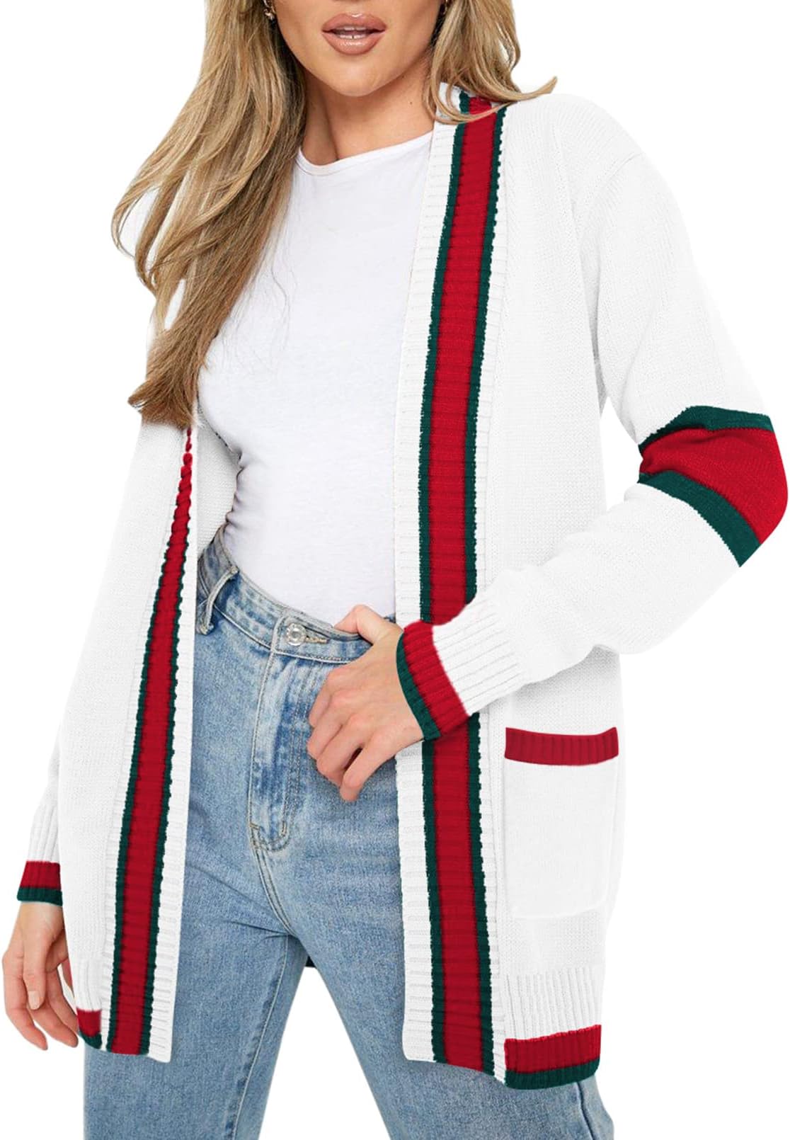 HAPCOPE Cardigan Sweaters for Women Color Block Striped Draped Kimono Long Sleeve Open Front Casual Knit Sweater Outwear