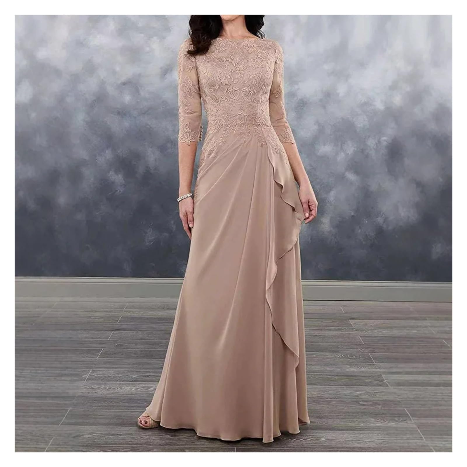 Abito da Sposa con Maniche a 3/4 e Applicazioni in Pizzo, for la Madre della Sposa, for Gli invitati al Matrimonio, Lungo in Chiffon(16W)
