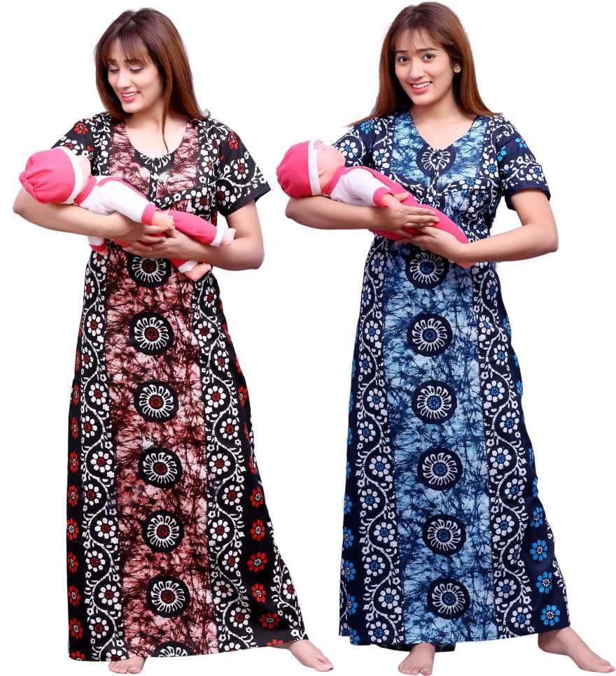 Image of Feeding Nighty in Fine Cotton 2 Side Zips for Feeding Purpose & Neck Buttons for Easy Wearing Soft Cotton Maternity Nighty for Women Feeding Combo Feeding Nighty for Women Cotton Combo of 2Pcs