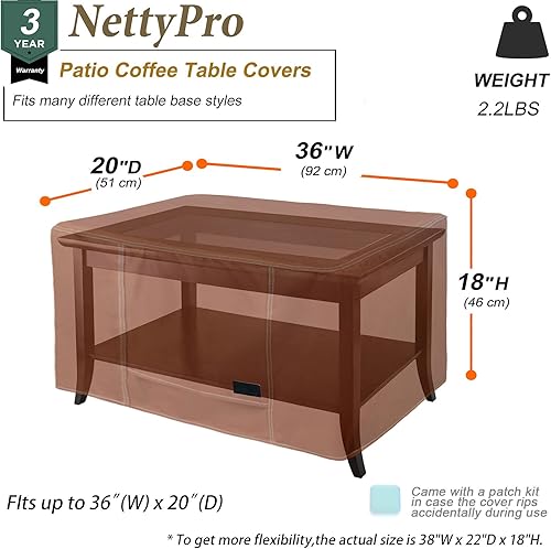 Miniatura 4 de NettyPro Funda rectangular impermeable para mesa de centro de patio, 36 x 20 x 18 pulgadas, para muebles de exterior, rectangular, color marrón