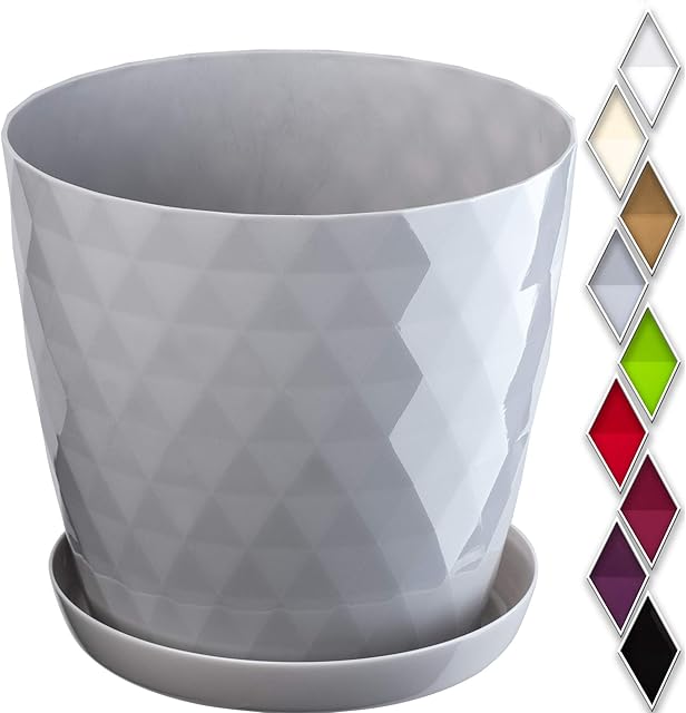KADAX Plastic Flowerpot with stand for Flowers and Plants, 12-18cm, Four Colours, Lightweight and Durable Material, Decorative Pot, Plant Container ( 16 cm, Grey)