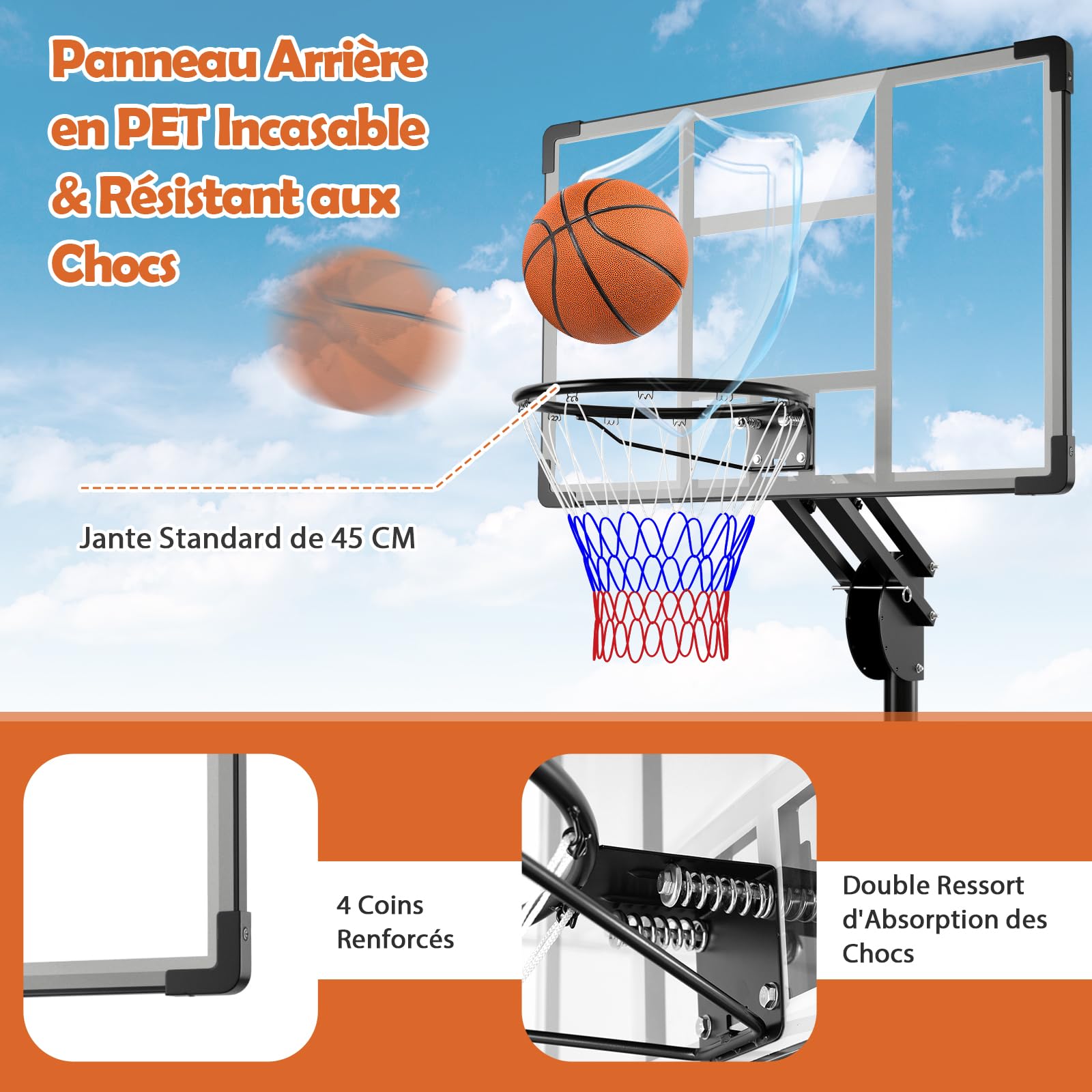GYMAX Panier de Basket-Ball Mobile pour Intérieur et Extérieur, Réglable en Hauteur 149-305 cm, Panneau Incassable, Base et Sac de Poids Remplissables, pour Enfants, Adolescents, Adultes