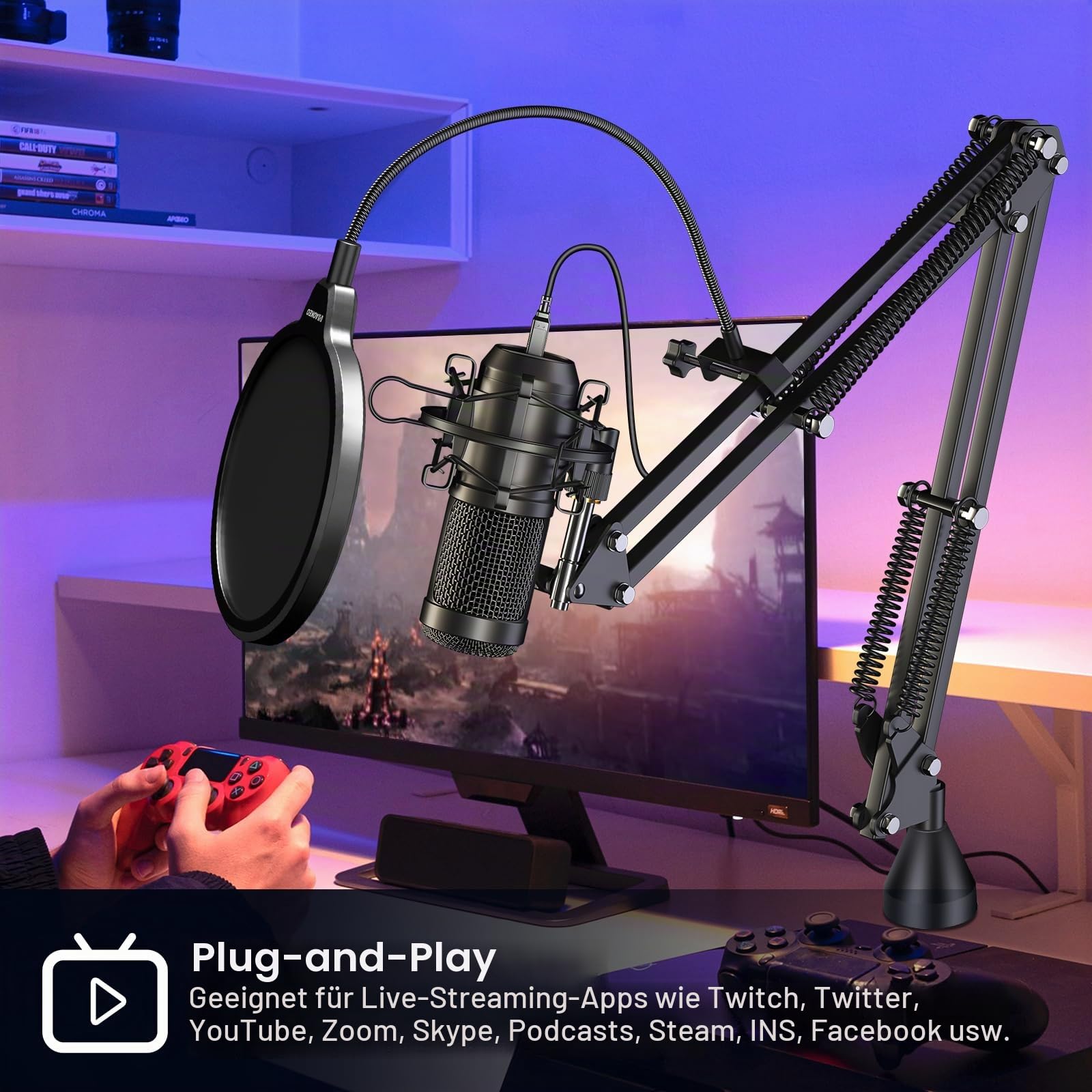 aokeo USB Mikrofon, 192kHZ / 24bit Podcast-Mikrofonsets mit Mikrofonständer, Stoßdämpferhalter, Windschutzscheibe, Popfilter, für Rundfunk, Aufnahme, YouTube,Podcasts