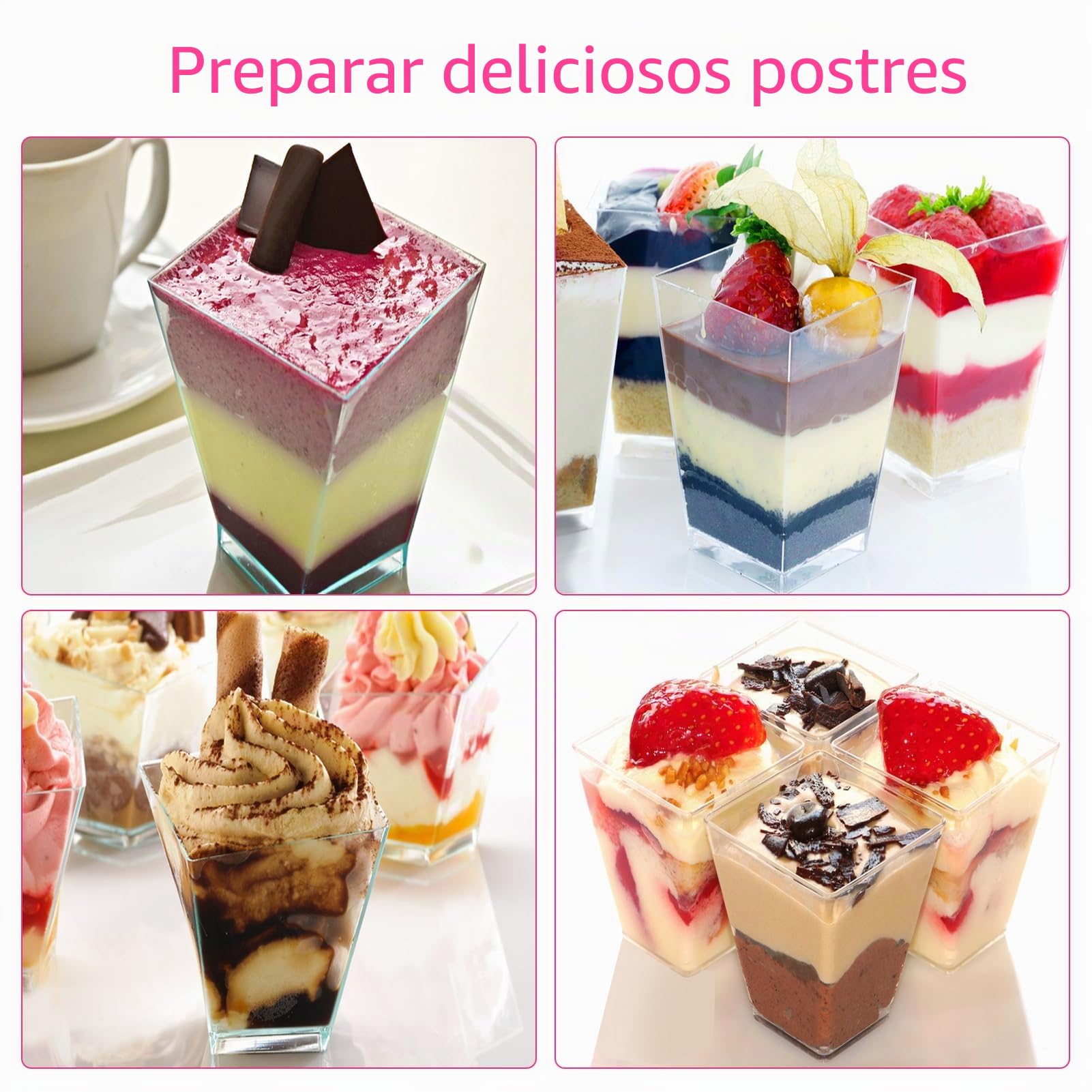 40 tazas de postre, con cucharas y tapa, vasos de postre de plástico de 160 ml, vasos de postre transparentes, reutilizables y cuadradas para el hogar, postres, mousse, helados