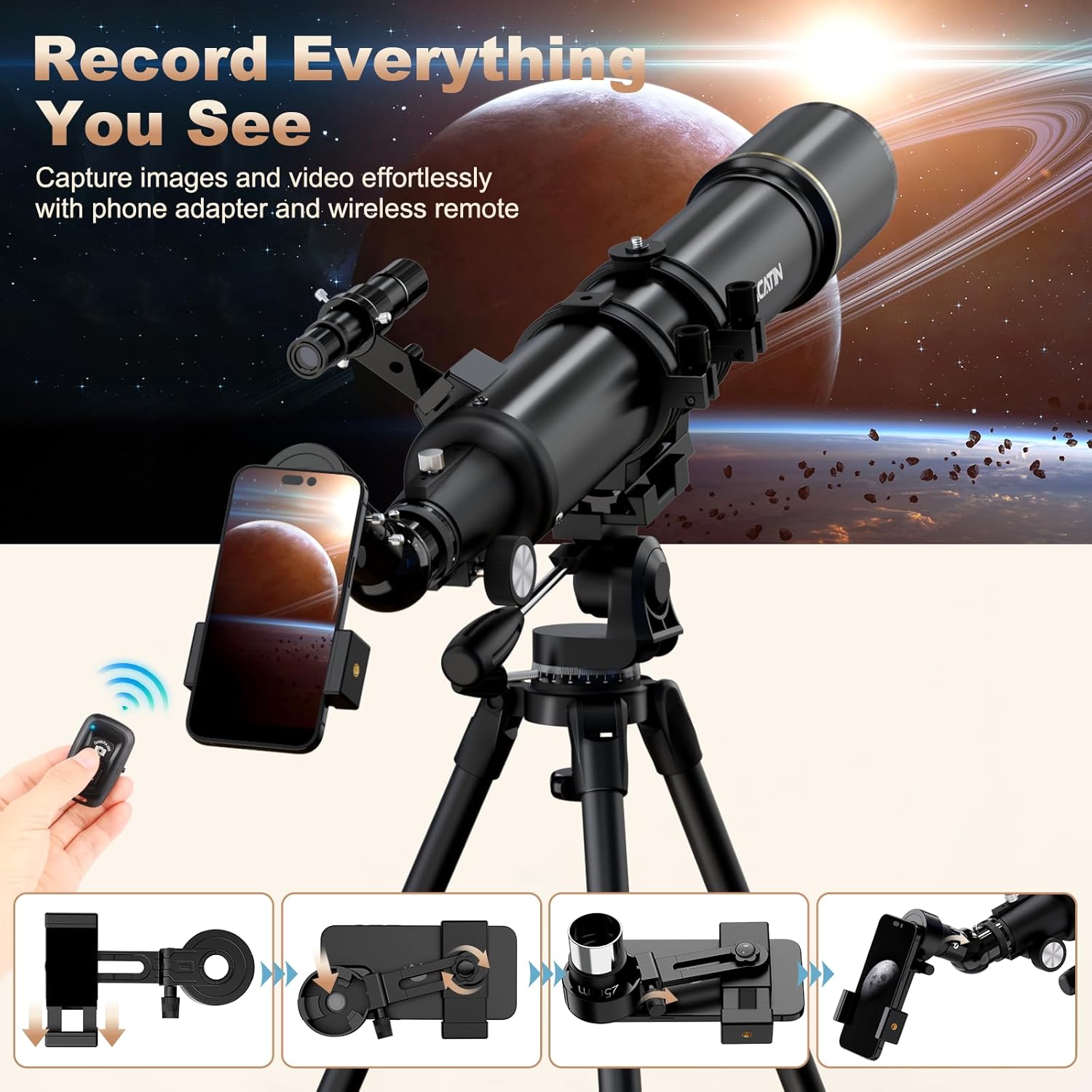 NACATIN Astronomy Telescope for Adults & Beginners, 90mm Aperture 800mm Fetal Length Portable Refractor Telescope -with Phone Adapter for Moon & Planets, Ideal Gift for Birthday/Valentine's Day, Black