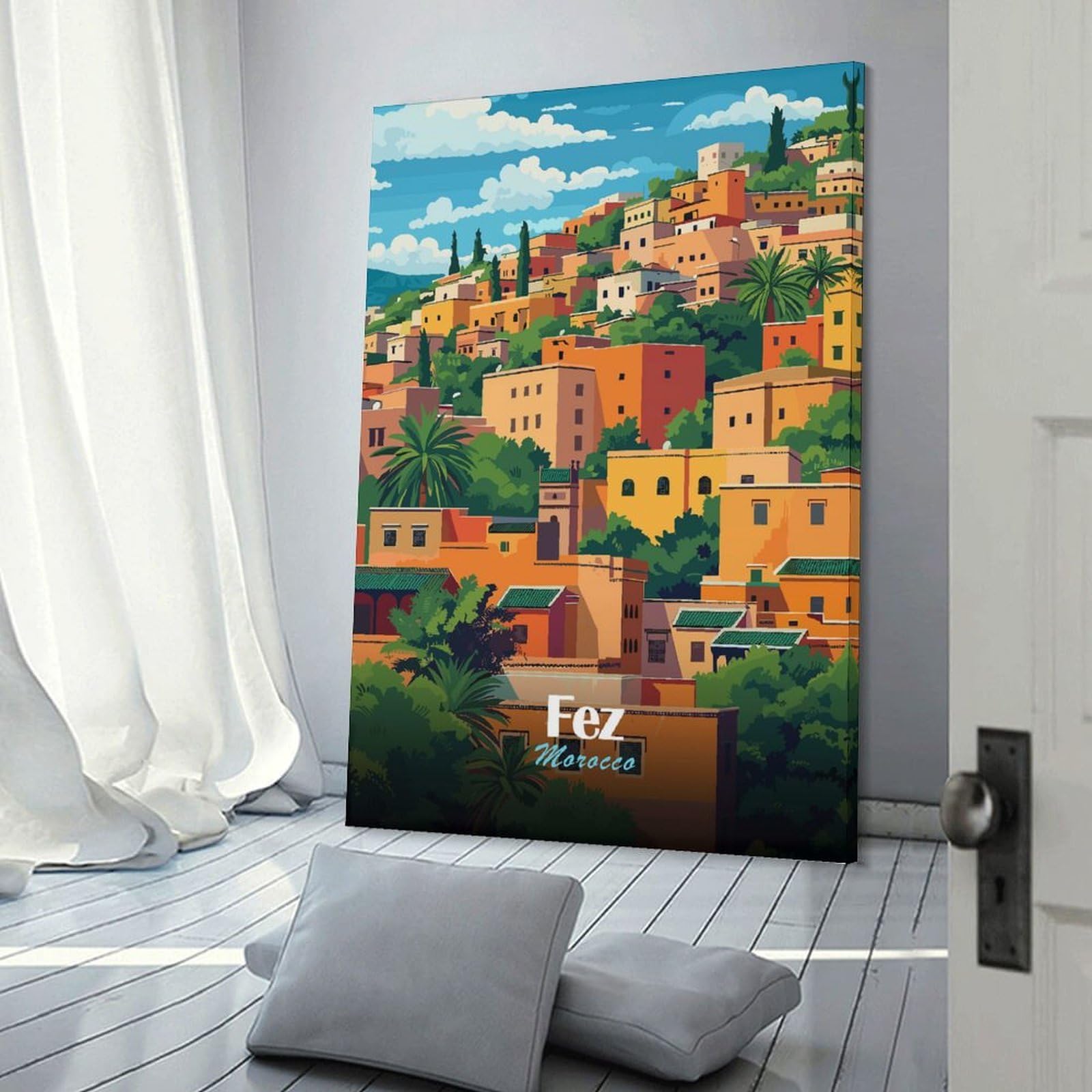 Junmoney Fez, Morocco Cityscape Illustration Decorative Wall Artwork, 08x12inch(20x30cm), for New Homes, Bedrooms Or Workspaces, Gift Idea for Housewarming And Birthdays