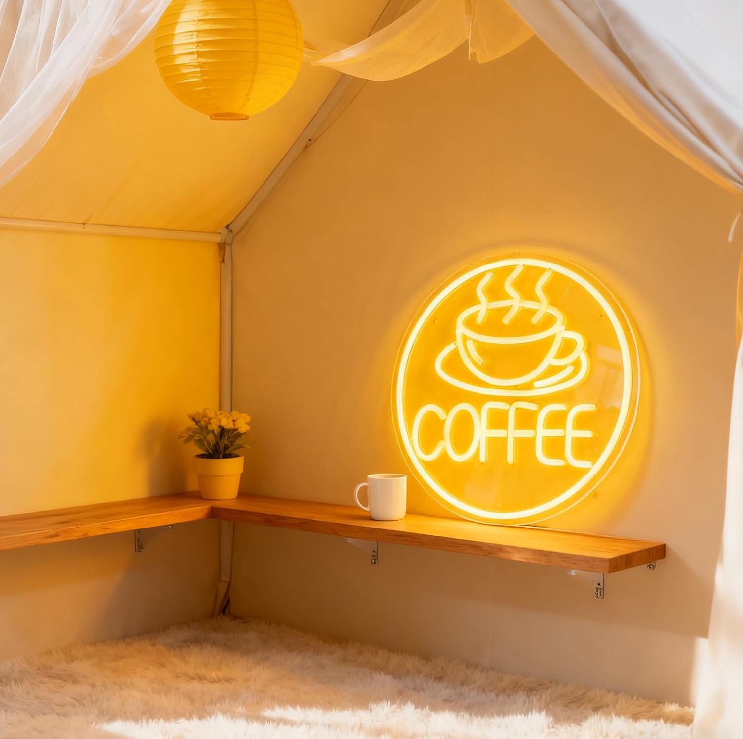 Coffee LED Neon Sign, Coffee Cup Pattern Light Up Sign, Cafe Shop Home Kitchen Living Room Wall Table Decor USB Powered Dimmable Decorative Neon Light 11.8 x 11.8 In