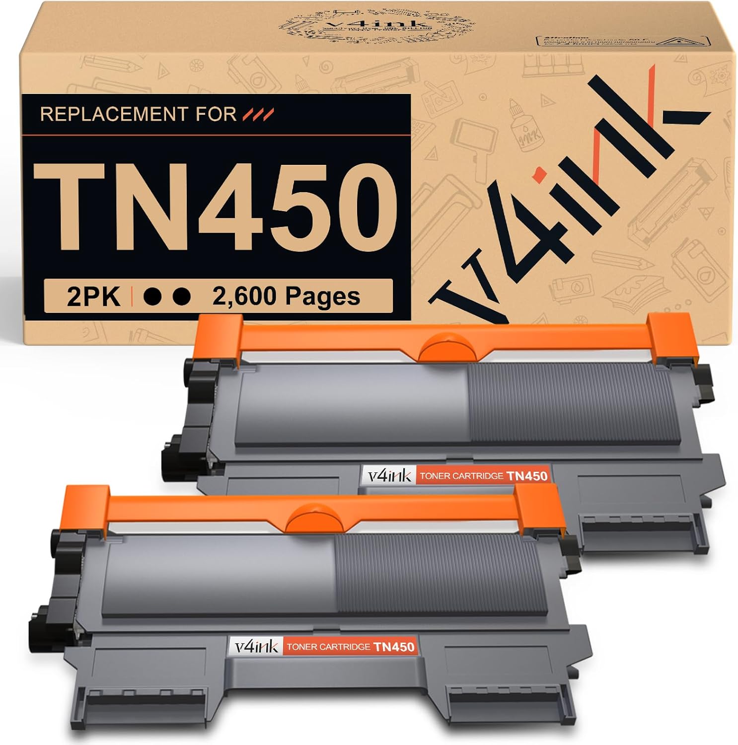 v4ink Compatible TN450 Toner Cartridge Replacement for Brother TN450 TN420 Toner Cartridge High Yield Use for HL-2240d HL-2270dw HL-2280dw MFC-7360n MFC-7860dw IntelliFax 2840 2940 Printer 2 Packs