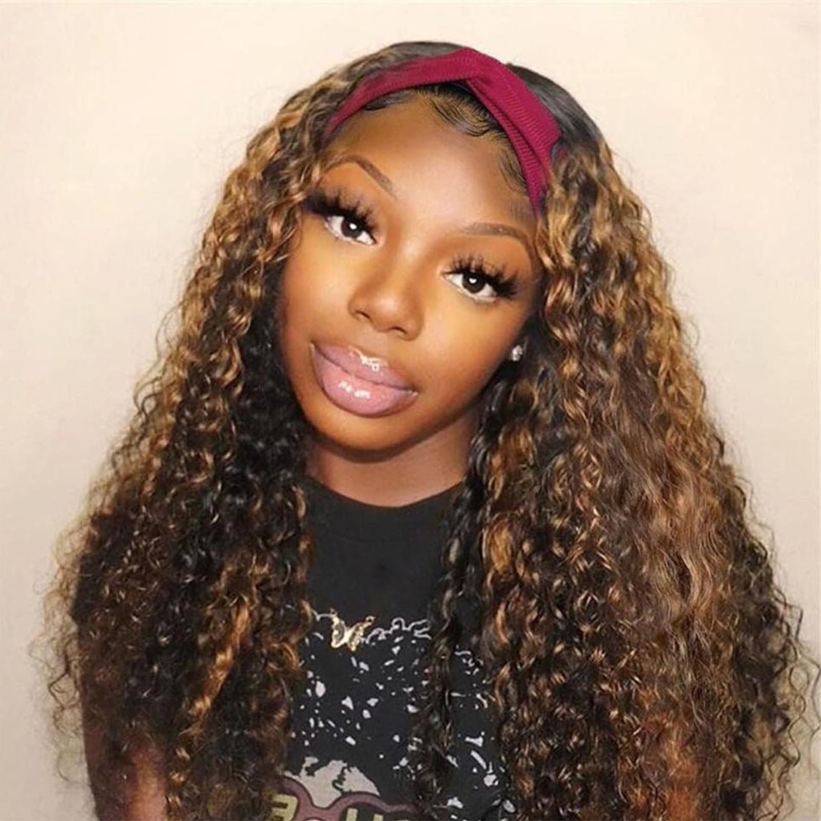 Headband Wig Deep Wave 10 Inch Glueless Human Hair Wigs Machine Made No Lace Curly Hair Wigs Brazilian Human Hair Wigs Deep Curly Wave Headband Wig 4/27 Highlight