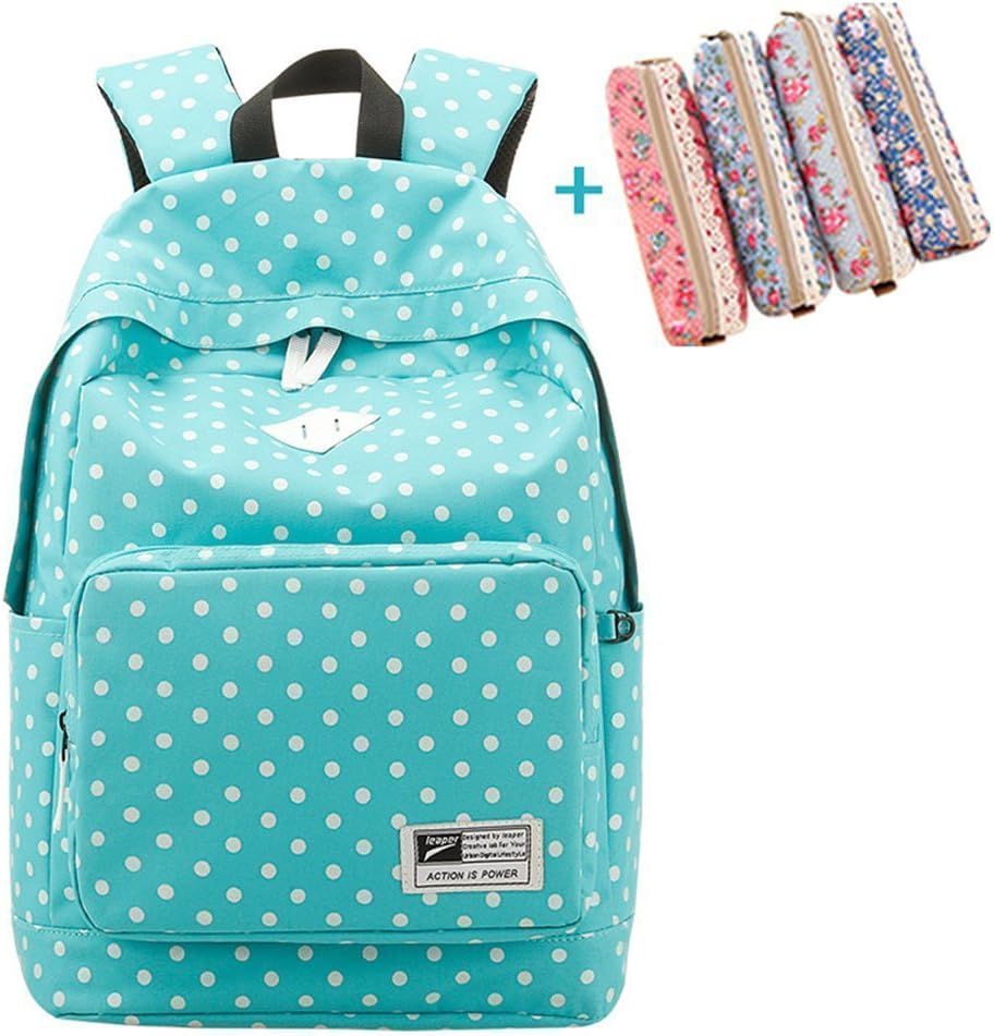 Vintage Lace Floral Print Pencil Bags with Casual Polka Dots Daypack Backpack Book Bag Tote Handbag Travel Campus Hiking Schoolbag Blue