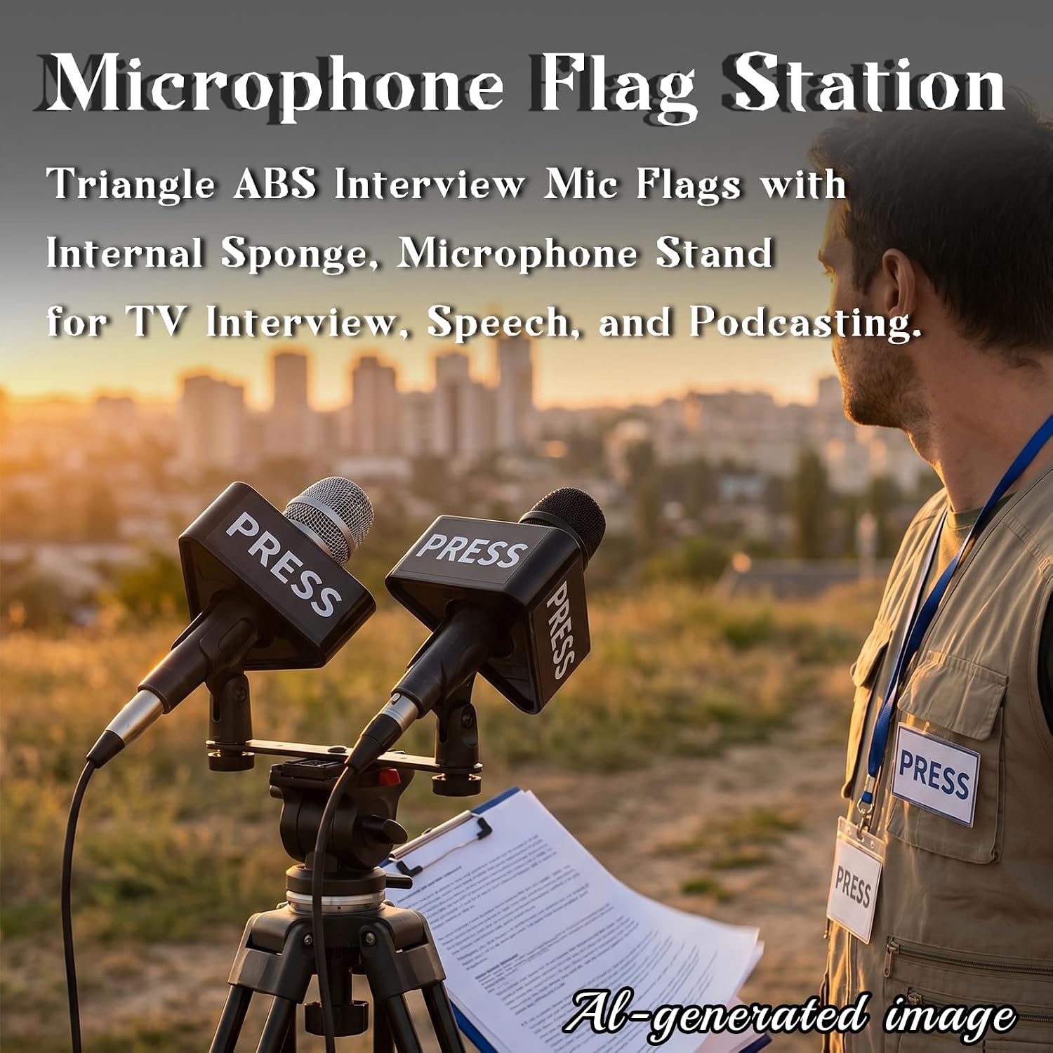2 Pcs Microphone Flag Station, Triangle ABS Interview Mic Flags with Internal Sponge, Microphone Stand for TV Interview, Speech, and Podcasting image 3