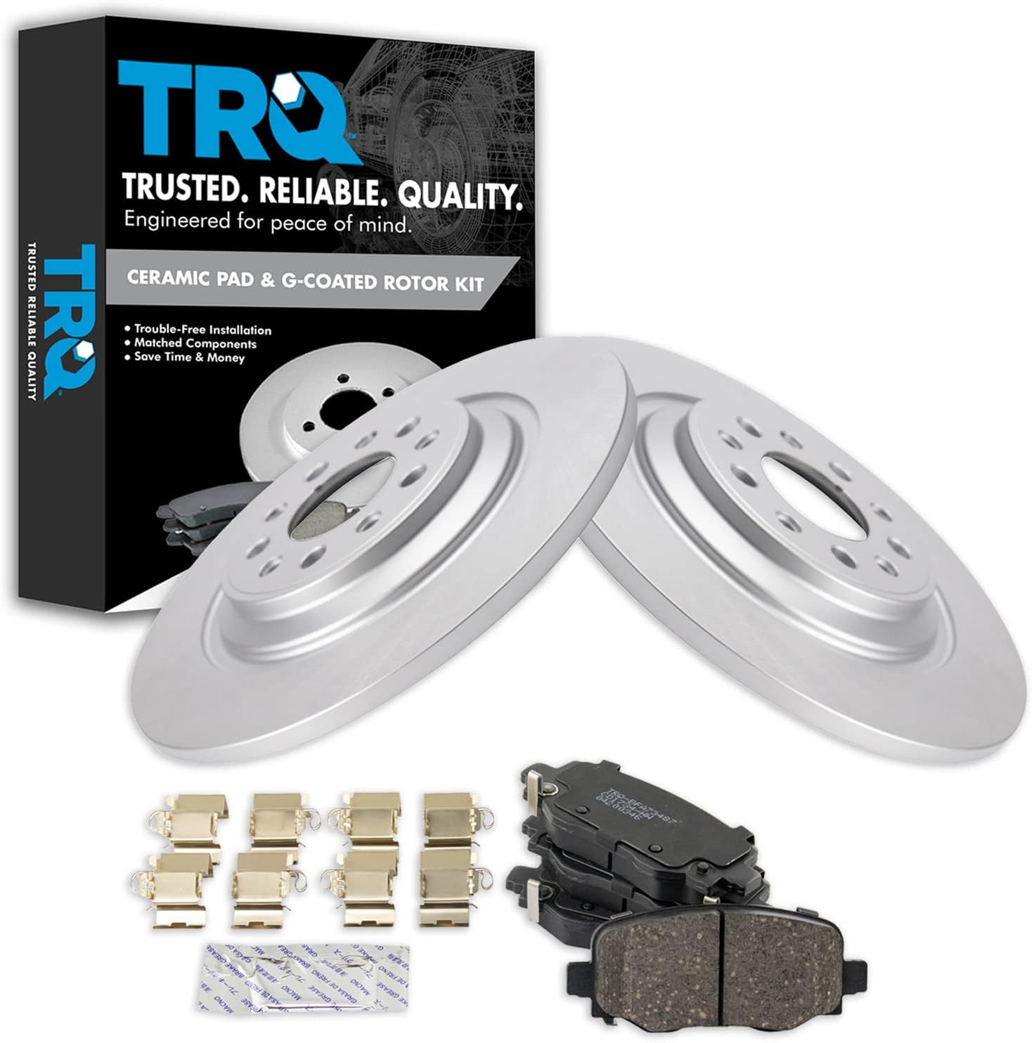 TRQ Rear Brake Pad & Rotor Kit Brake Pads Brake Rotor Ceramic Premium G-Coated Compatible with 2014-2021 Jeep Cherokee