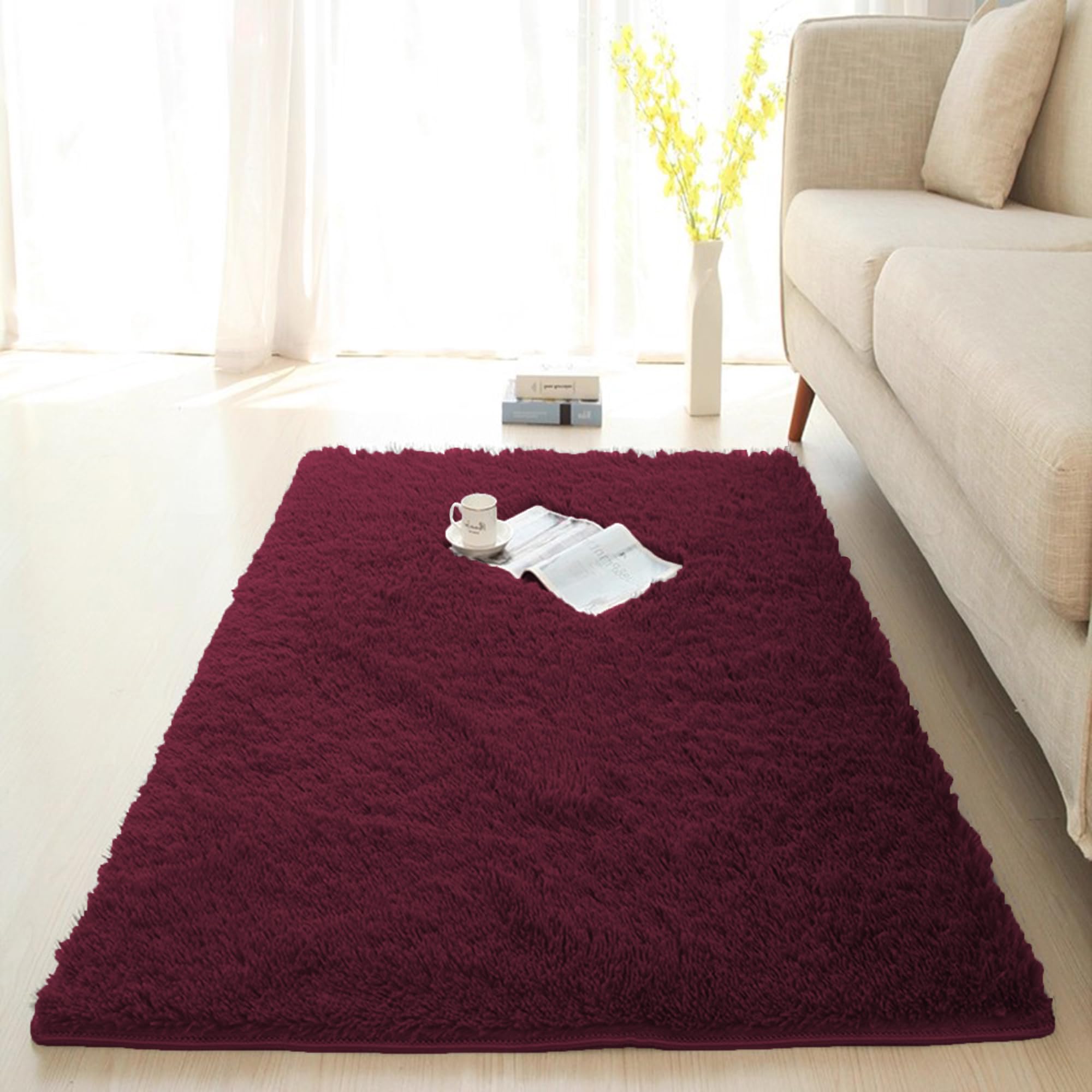 Tapis doux à poils longs antidérapant rouge 80x160 cm ultra moelleux