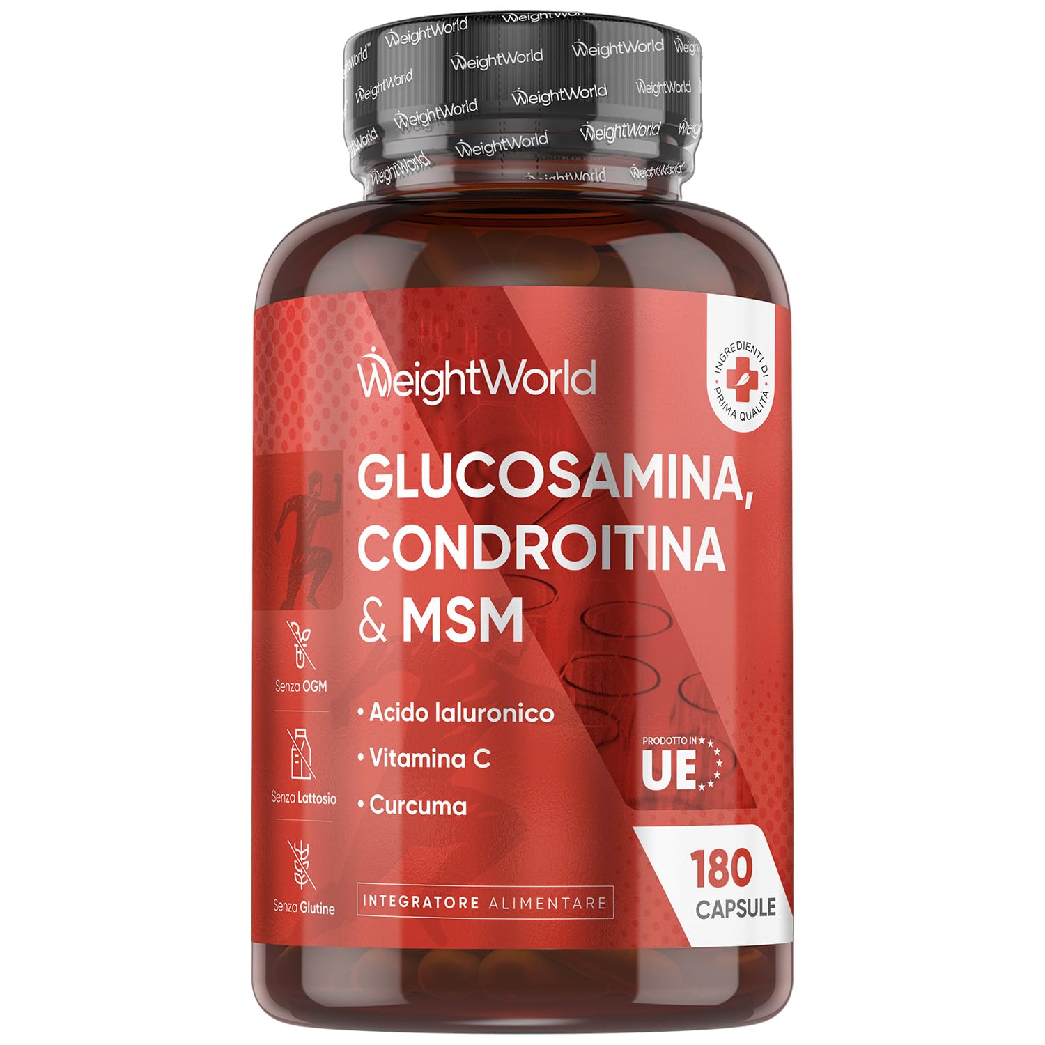 Glucosamina Condroitina MSM con Vitamina C, Acido Ialuronico e Curcuma, La Vitamina C Contribuisce alla Normale Formazione del Collagene per la Normale Funzione delle Ossa, 180 Capsule (per 6 Mesi)