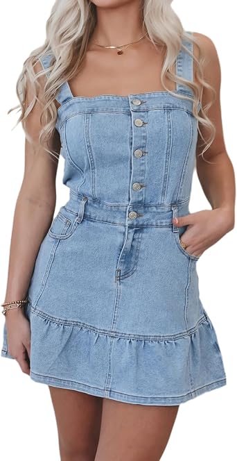 Conshvi Womens Sleeveless Square Neck Denim Dress Button Up Bodycon Denim Overall Dress Cute Ruffle Mini Jean Dress