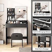 Vista 5 de Vabches Vanity Desk with LED Light Mirror and Charging Station, Small Cute Vanity Set with 4 Storage Shelves 2 Drawers, Vanity for Girls Women with
