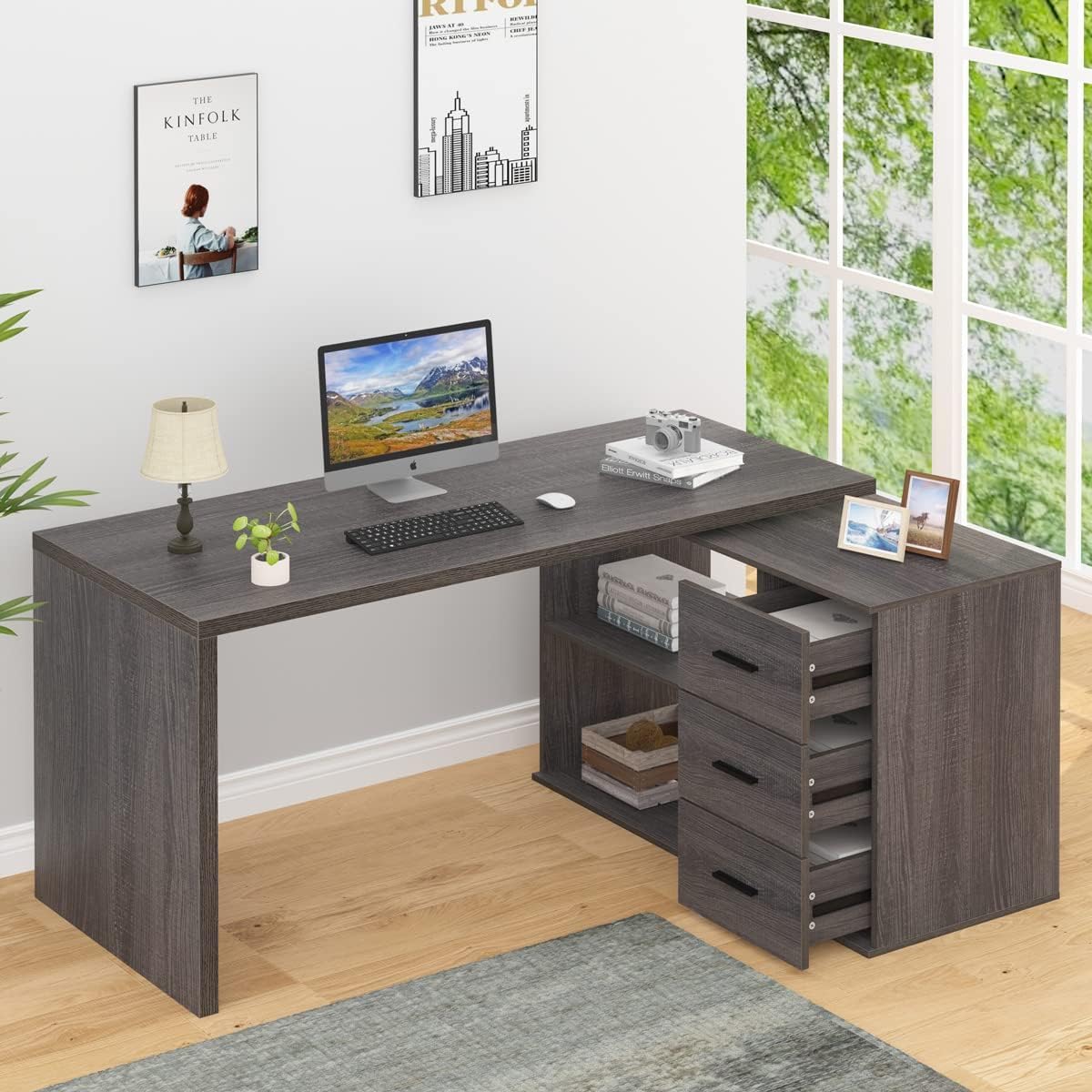 Furnilife L Shaped Desk with Drawers, L Shape Computer Desk with Storage Cabinet Shelves, Reversible Modern Industrial Home Office Corner Desk, Rustic Wood Executive Writing Gaming Study Table,