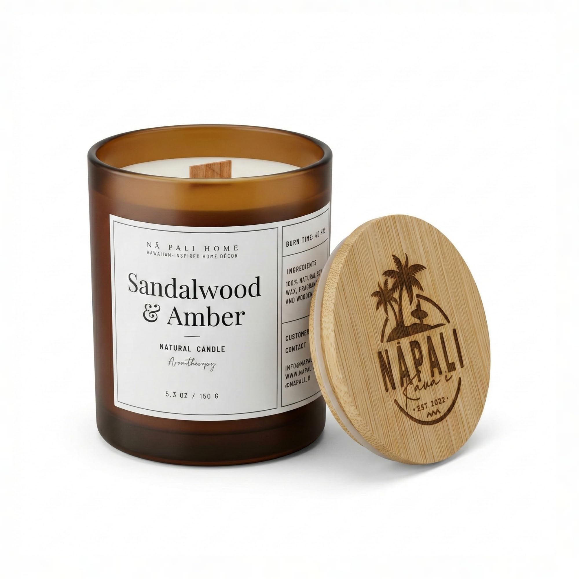 Na Pali White Wax | Amber Jar Handcrafted Hawaiian Scented Candle With Crackling Wick | Sandalwood & Amber
