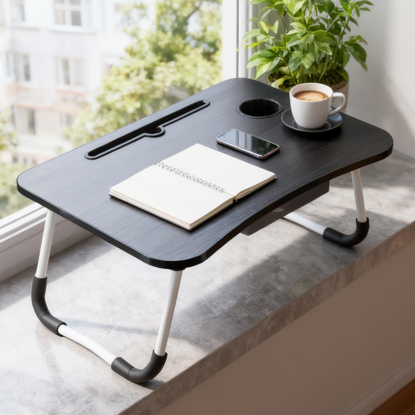 GREENSAPPIRE Laptop Bed Table with Foldable Legs - Height Adjustable Bed Tray with Cup Holder & Phone Slot, Portable Notebook Stand for Sofa Bed Floor Use (Black)