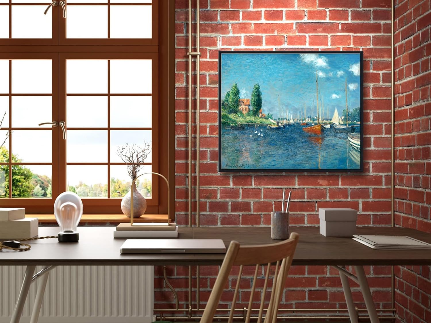 Wieco Art Framed Canvas Print Wall Art Red Boats at Argenteuil by Claude Monet Impressionism Art Print Picture Artwork for Living Room Bedroom Home Kitchen Decorations Black Frame