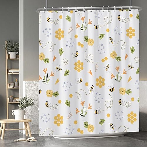 Miniatura 58 de Baocicoo - Cortina de ducha de abeja de miel, diseño de abeja de caricaturas, pista voladora, rústica, floral, para baño, decoración de bañera