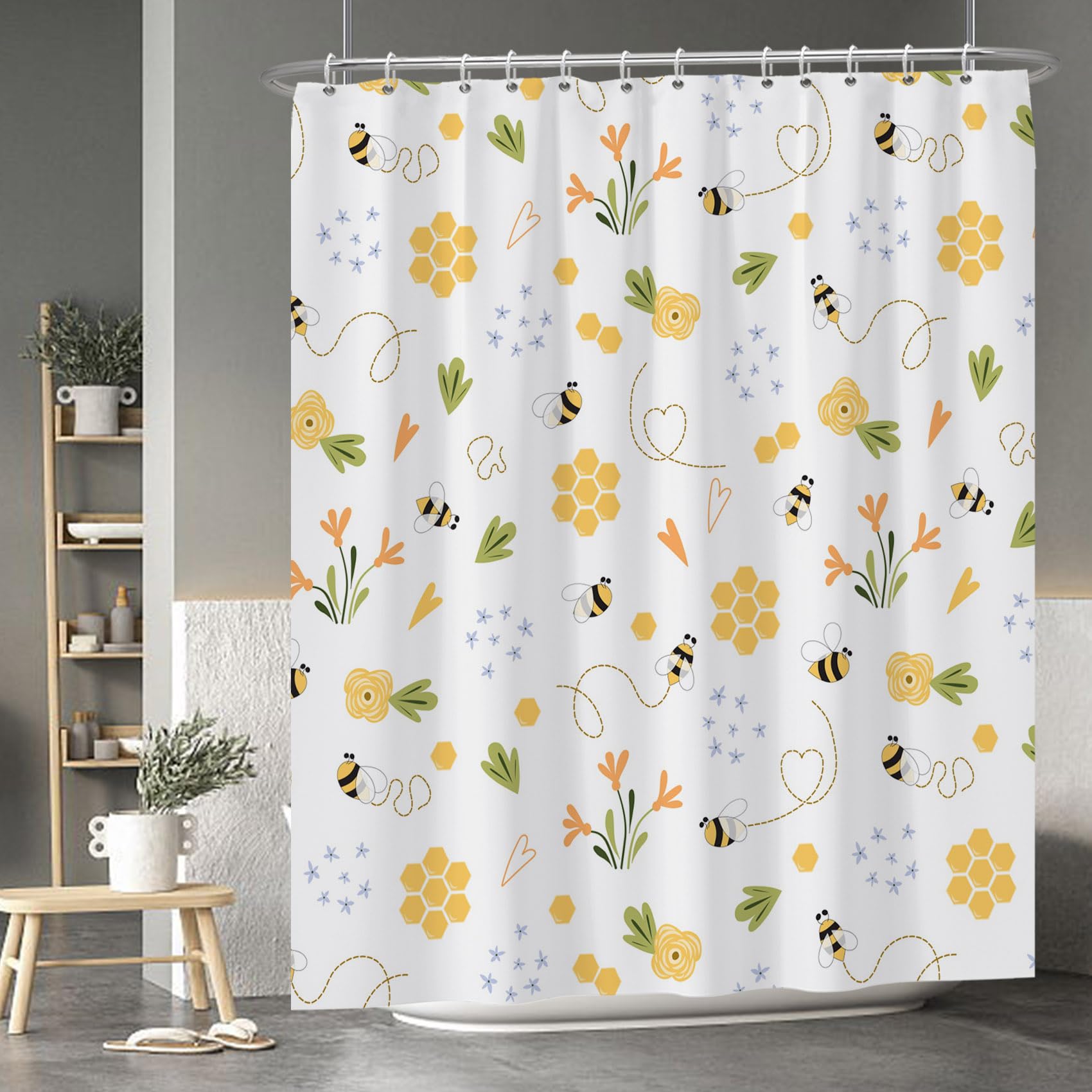 Baocicoo Honey Bee Shower Curtain Cartoon Beehive Bee Flying Track Rustic Floral Farmhouse Shower Curtains for Bathroom Kids Dormitory Bathtub