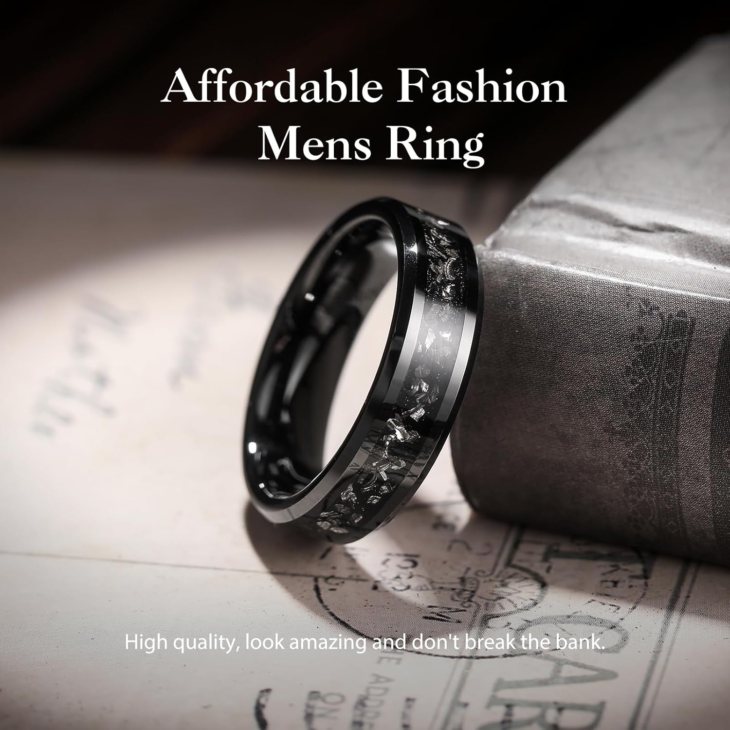 King Will Mens Meteorite Tungsten Wedding Bands, 6mm/8mm Width, Black/Silver Engagement Rings for Couples, Beveled Edge Promise Ring for Women Comfort Fit - Image 3