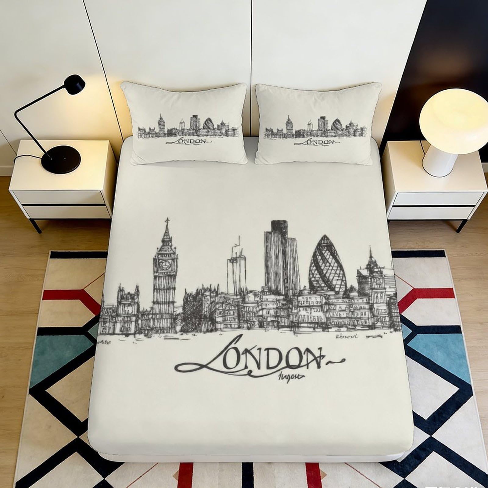 3D Printed London Skyline Fitted Sheet Microfiber Soft Breathable Cityscape Bed Cover for Bedroom Dormitory Guest Room Mattress Protection Decor 200x200x25cm