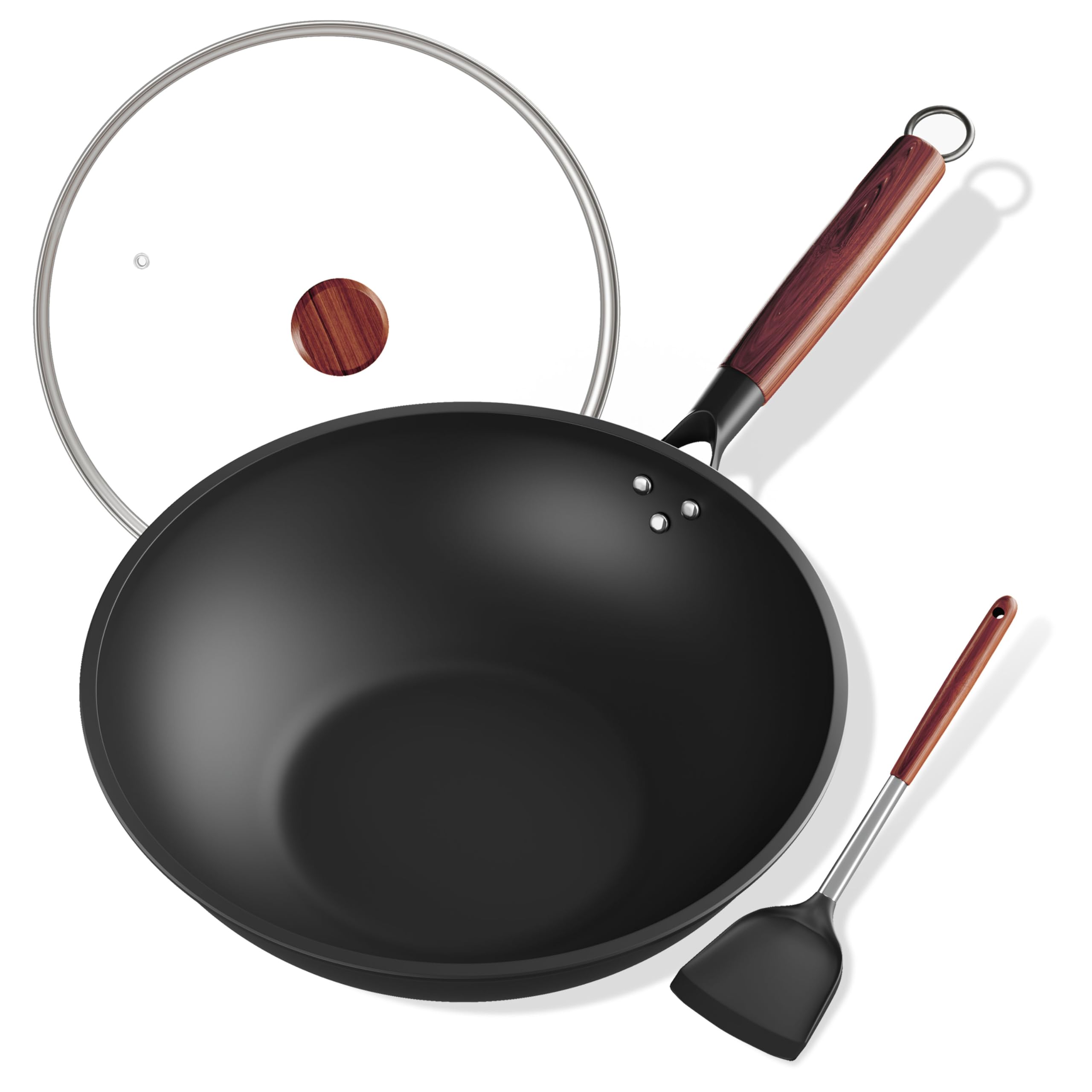 33cm Wok avec Couvercle et Spatule en Silicone, Convient pour la Préparation de Plats pour 3-6 Personnes, Wok Induction avec les Plaques de Cuisson à Induction, électriques et à Gaz
