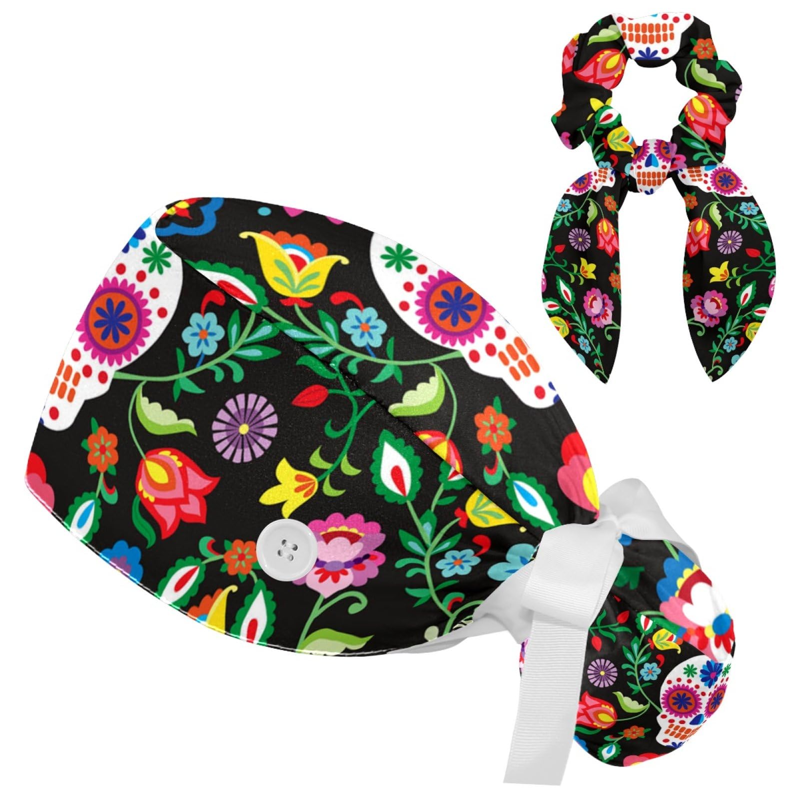 Sugar Skull Dia de Muertos Adjustable Women Working Cap with Bow Hair Scrunchy, Bouffant Hat with Buttons
