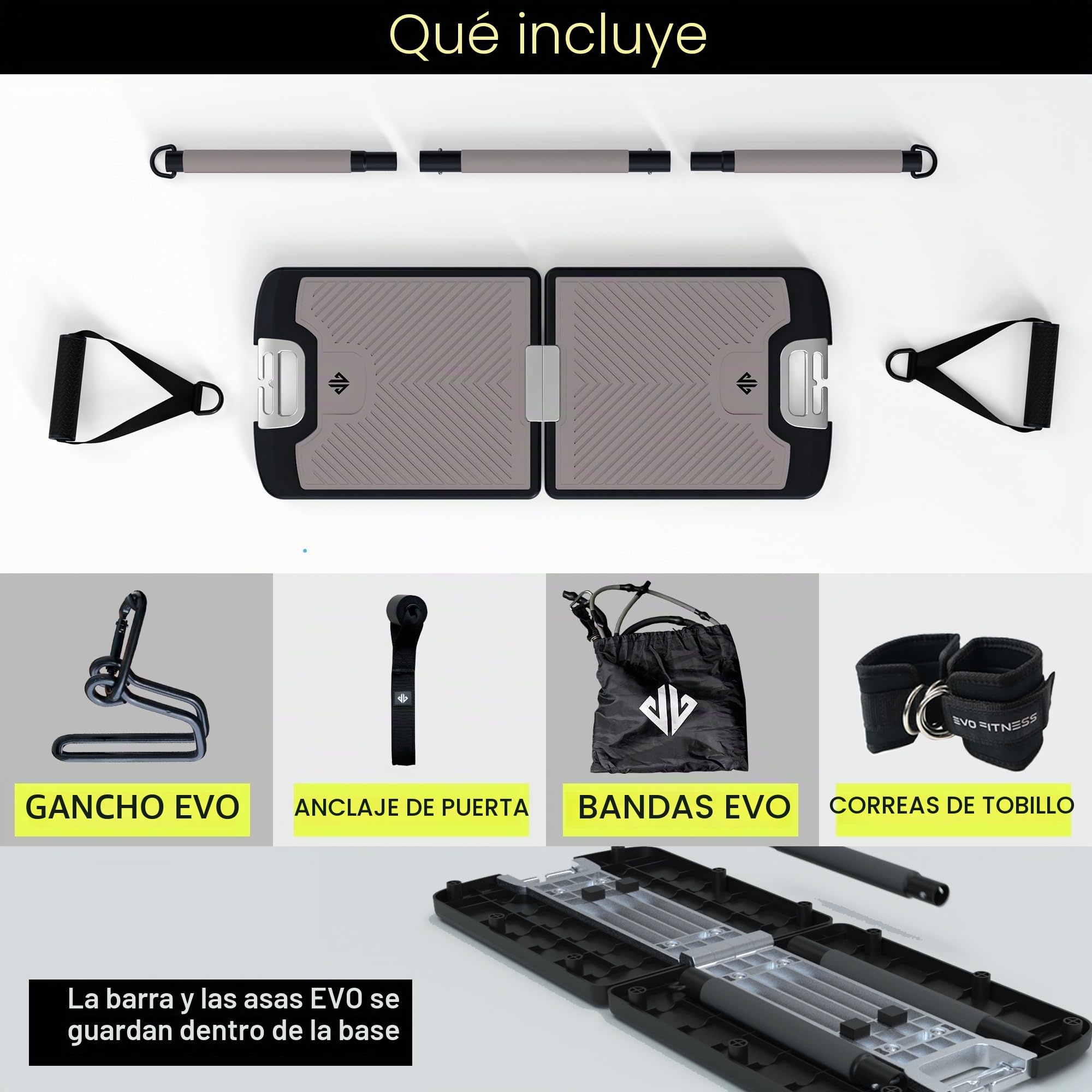 EVO Gym - Equipo portátil de entrenamiento de fuerza para gimnasio en casa, gimnasio en casa, todo en uno, bandas de resistencia, base sostiene barra de gimnasio y asas para viajes, equipo portátil de