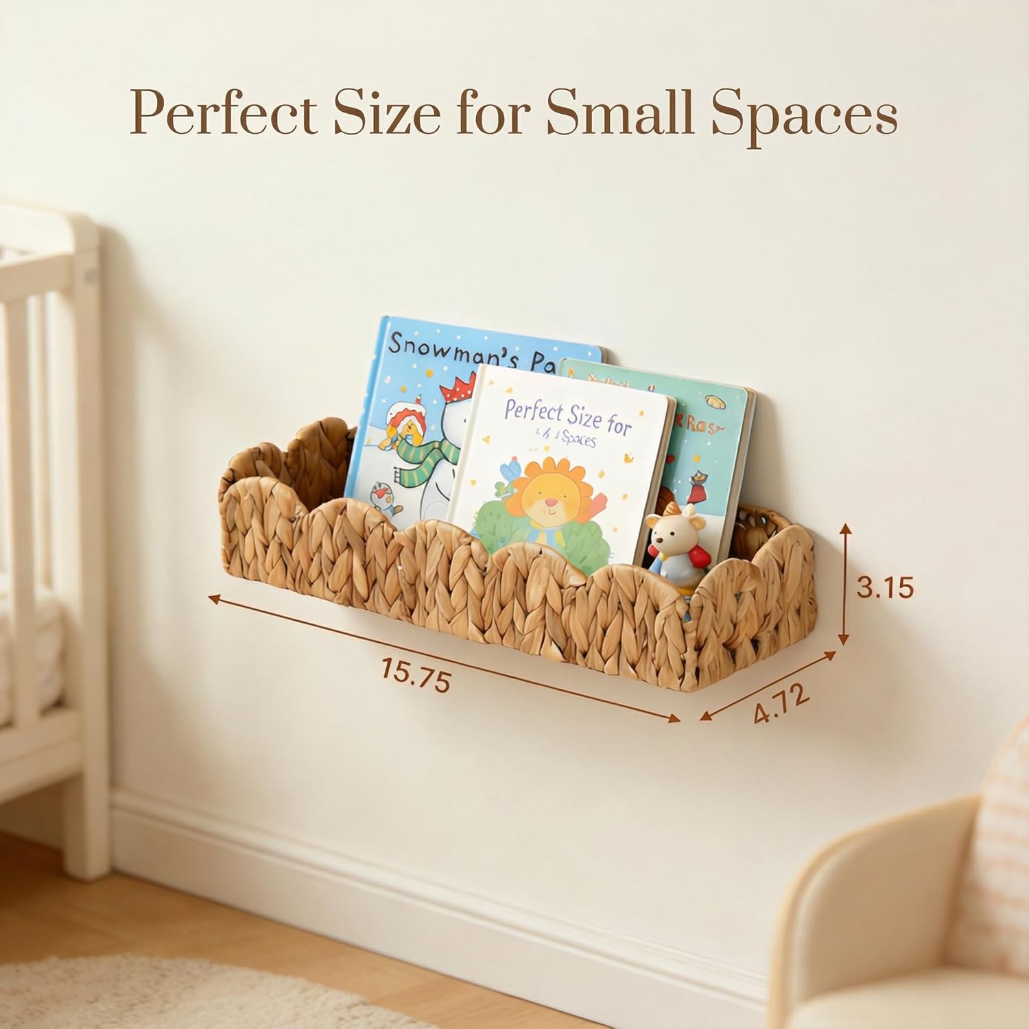 2 Pack Nursery Book Shelves, Scalloped Water Hyacinth Book Shelf for Kids Rooms, Handwoven Floating Book Shelves for Wall, 15.8” Wicker Hanging Bookshelf for Books, Toys, Photo Frames, Nursery decor