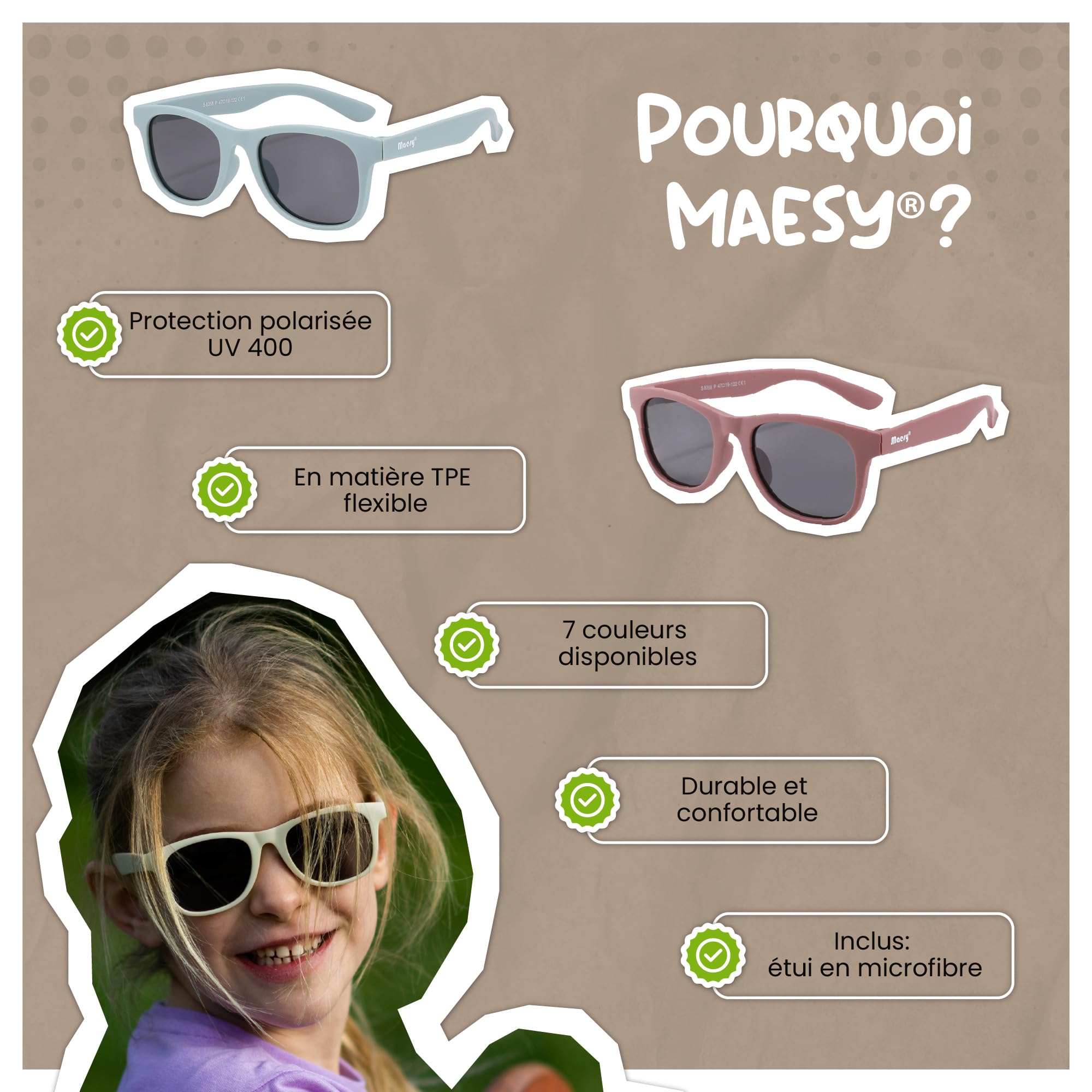 Lunettes de Soleil Enfants - 3-6 Ans - Protection UV400 Polarised - Cadre Flexible et Pliable - Lunettes de Soleil Sûres et Confortables pour Tout-Petits et Enfants d'Âge Préscolaire - Lino