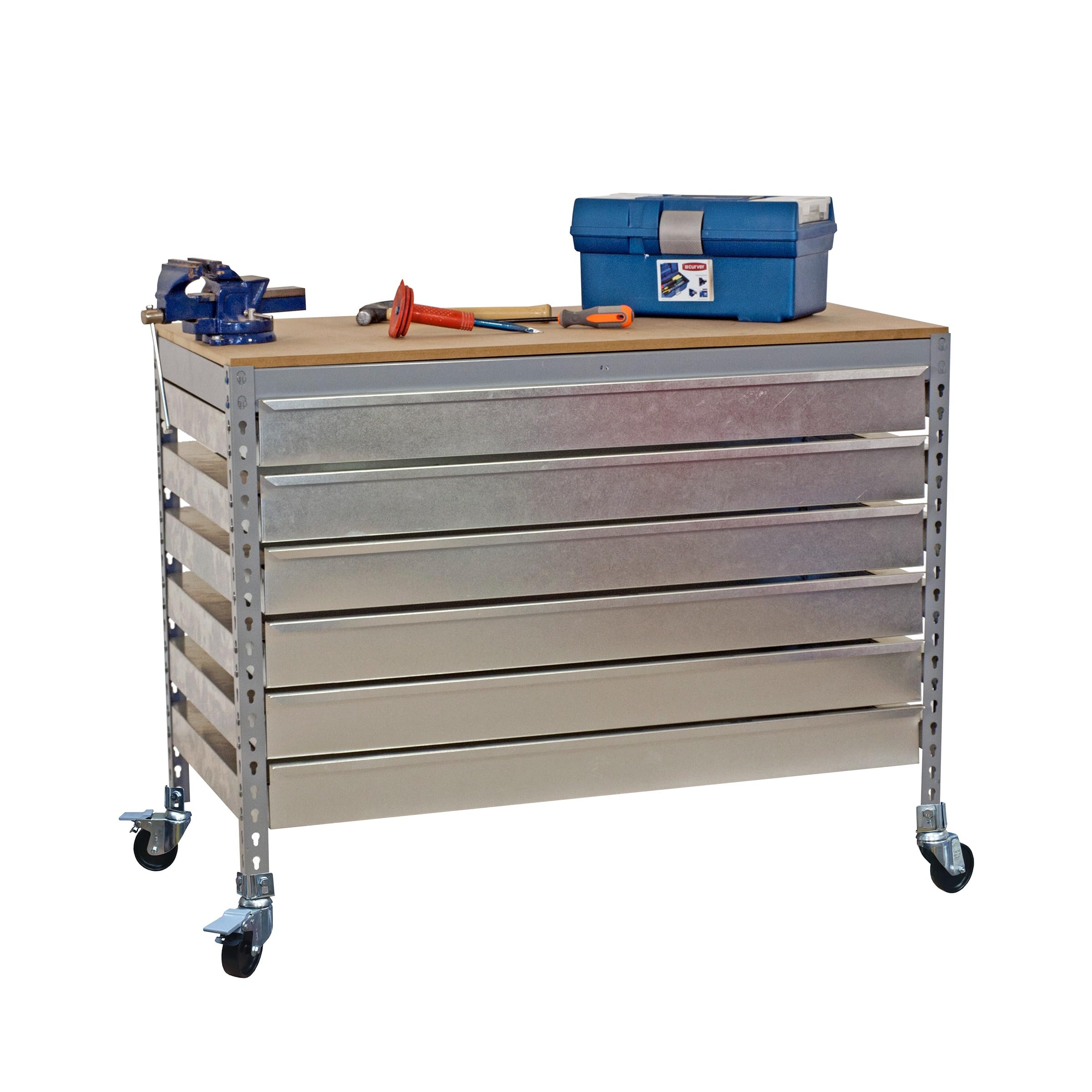 Simon Rack Banco de Trabajo Taller con Ruedas 910x610 mm - BT5 | 6 Cajones, Tablero madera 16 mm, Capacidad Carga 120 kg, Gris , Pintura anticorrosión, Montaje sistema clic