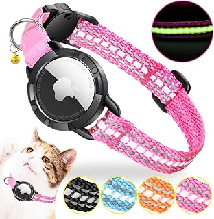 Domiphie AirTag Cat Collar - Luminous & Reflective Air tag Cat Collar,Breakaway Cat Collars with Bells and Waterproof AirTag Holder,Lightweight Cat Airtag Collar for Kittens and Puppies(Pink S)