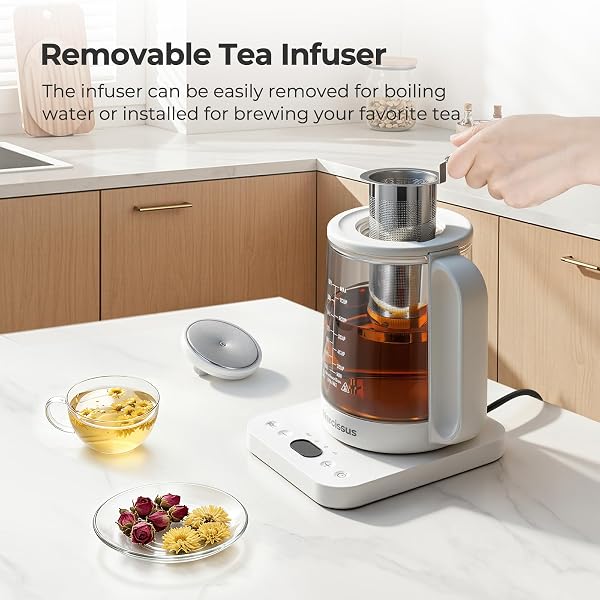 Narcissus Electric Kettle Temperature Control Β±5β, 1.8L Glass Electric Tea Kettle with Removable Infuser for Flowers & Fruit Tea, 1200W Fast Boiling, 6 Hours Keep Warming, White - 5