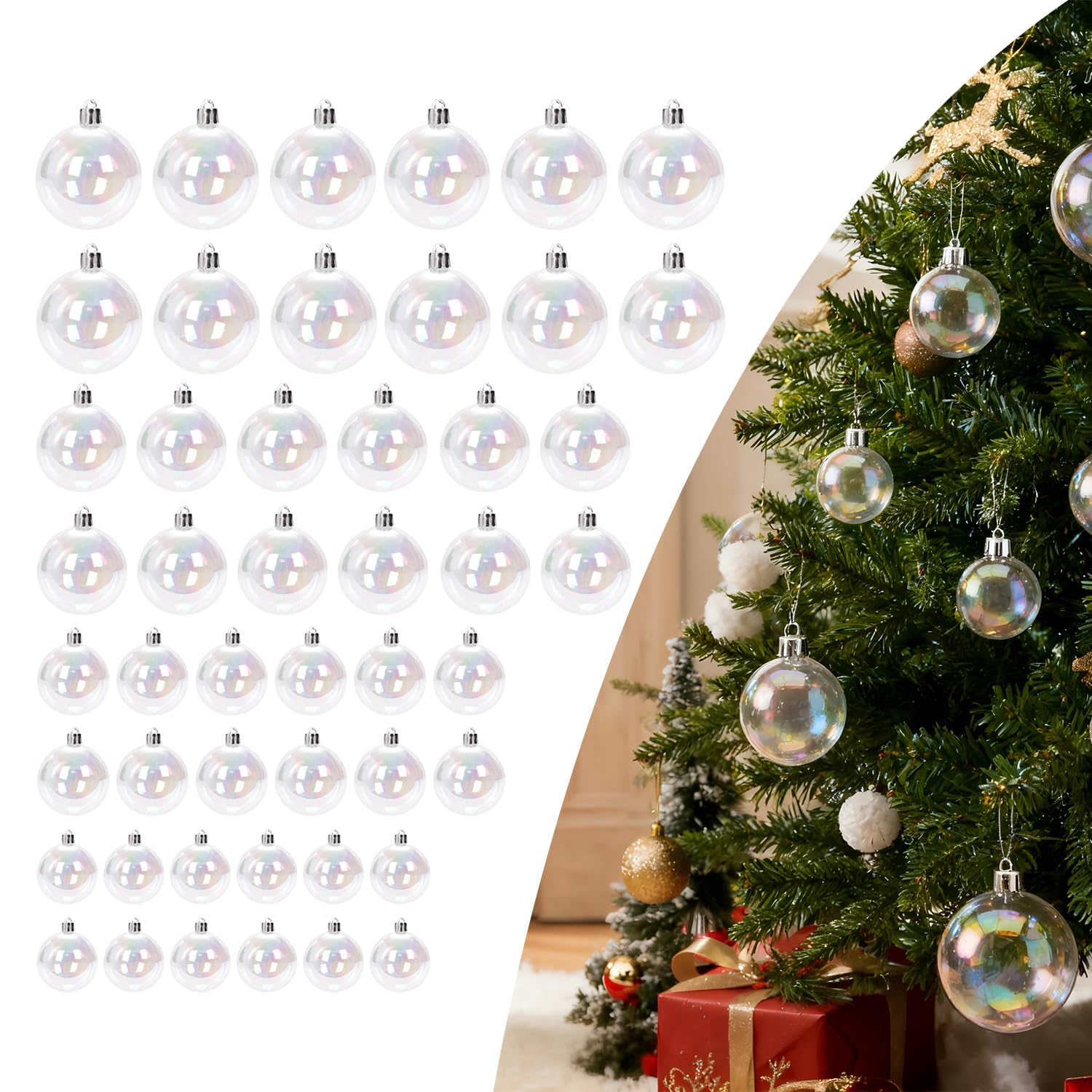 ZUOKEMY 48 Pcs Christmas Rainbow Decorations - Transparent Fillable DIY Hanging Balls, 4 Sizes for Xmas Tree Home Party Decor