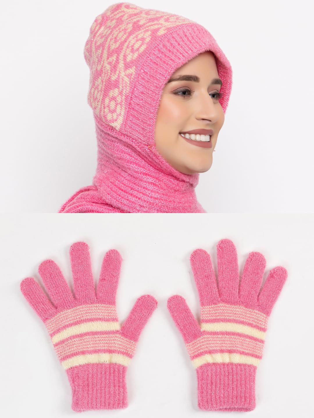 AMOLDO Conjunto combinado de gorro de lana de invierno para mujer con silenciador/scraf y guantes (gorra de diseño)