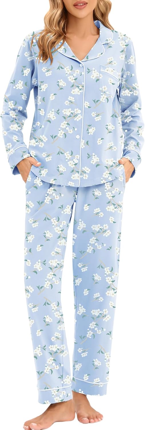 LUBOT 100% Cotton Pajamas for Women PJ Set Soft Button-Down 2 Piece Set Knitted Long Sleeve Sleepwear Loungewear XS-XXL