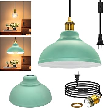 Modern Hanging Light with Plug in Cord, 500 CM Retro Pendant Light Cord with Detachable Metal Lampshade, Vintage Hanging Lamp Kit, Brass E26 E27 Socket,Plug in Ceiling Light Fixture, for Island