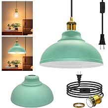 Modern Hanging Light with Plug in Cord, 500 CM Retro Pendant Light Cord with Detachable Metal Lampshade, Vintage Hanging Lamp Kit, Brass E26 E27 Socket,Plug in Ceiling Light Fixture, for Island