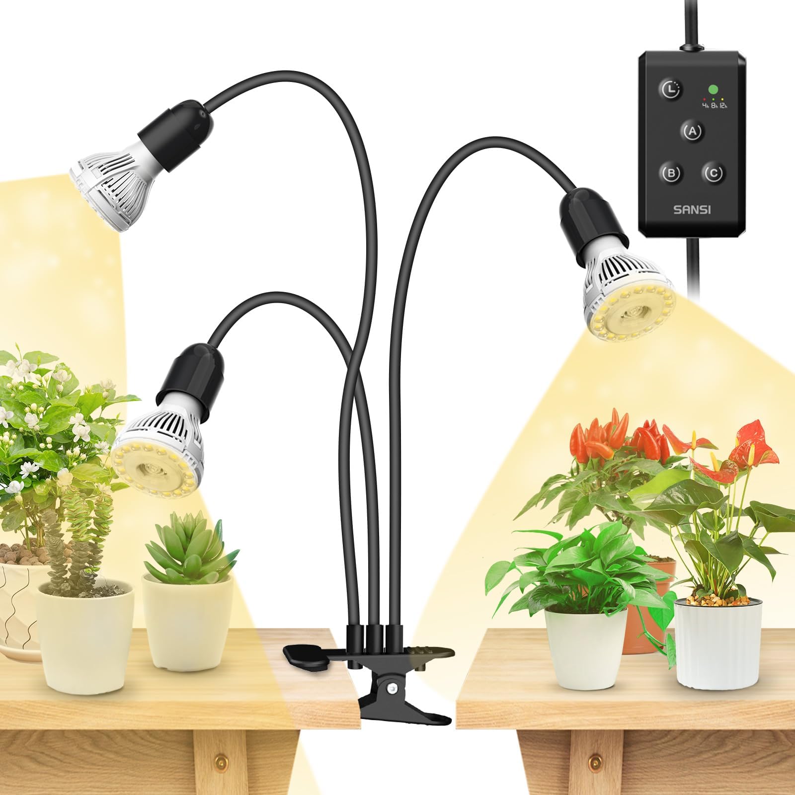 SANSI - LED Grow Lights for Indoor Plants, Lifetime Free Bulb Replacement, 450W Full Spectrum with 3 Gooseneck Clips for Growing Plants, Plant Light with Timer
