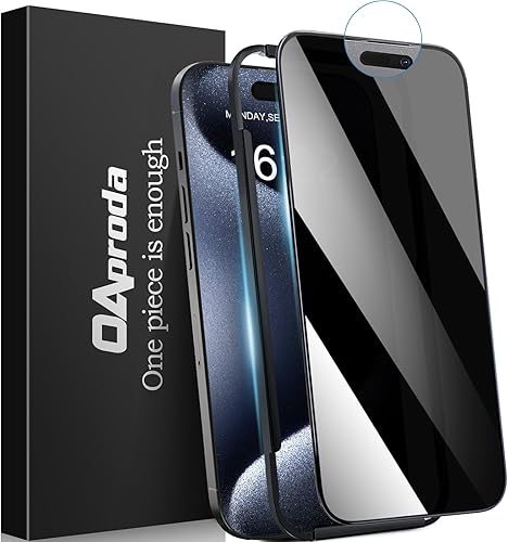 OAproda Protector de pantalla de vidrio de privacidad para iPhone 15 Pro Max cobertura completa TOP 9H+ inastillable, protección del sensor,