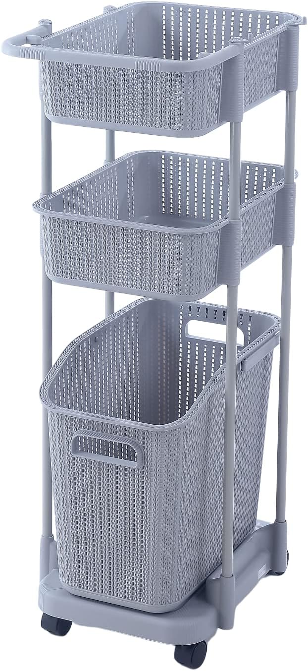 ビータ(Vita) ラタン調樹脂ランドリーバスケット 3段浅型 グレー 幅35×奥行48×高さ96cm 洗濯かご キャスター付き 軽